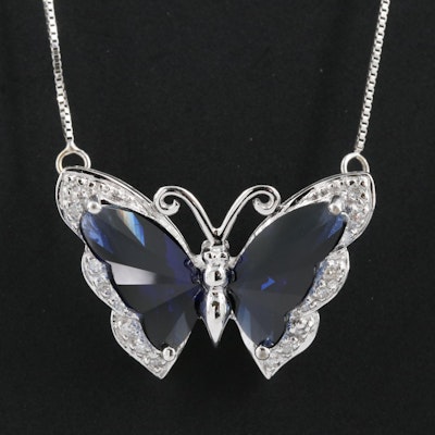 10K Sapphire and Diamond Butterfly Pendant Necklace