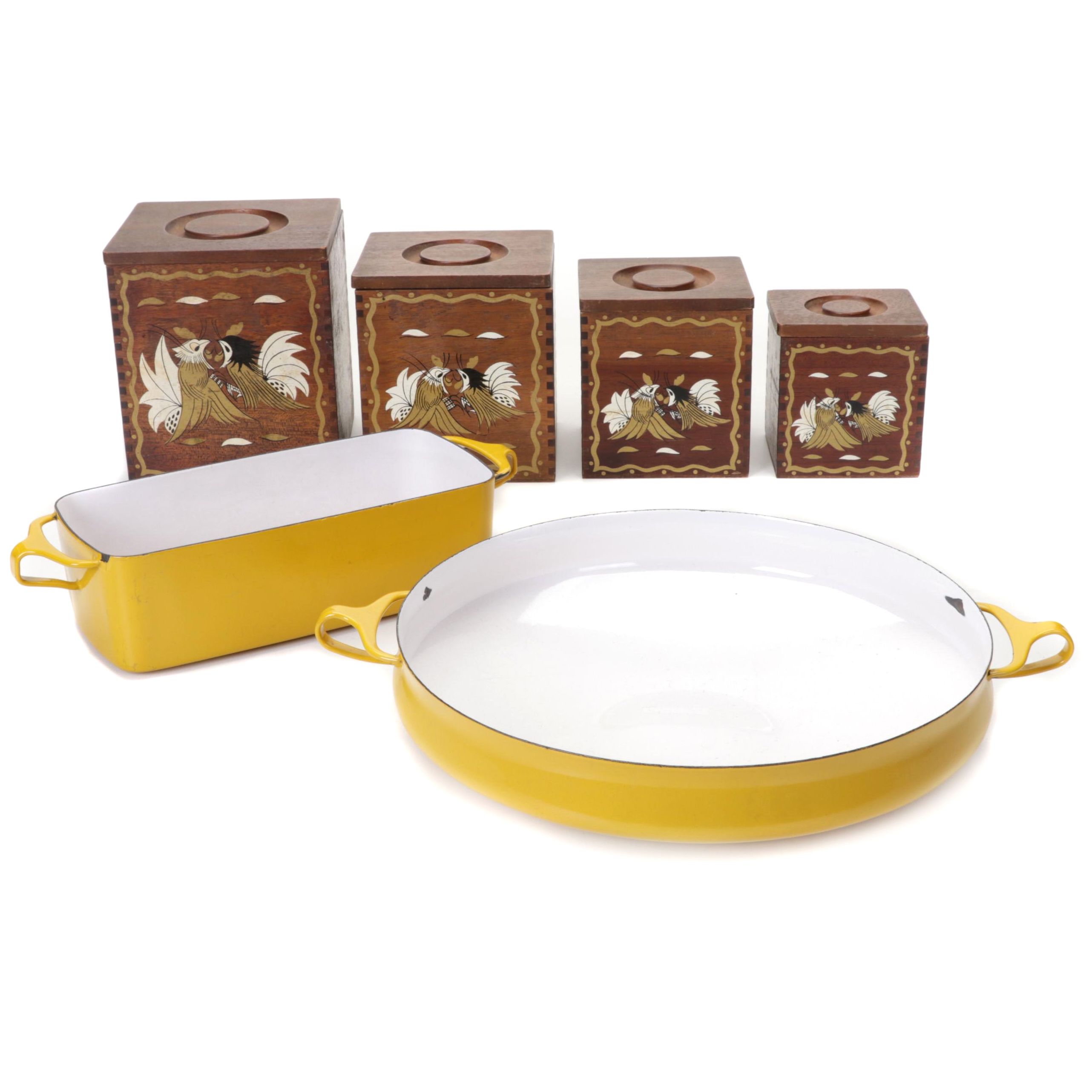 Dansk Enamel Paella and Loaf Pan with Japanese Wooden Rooster Nesting