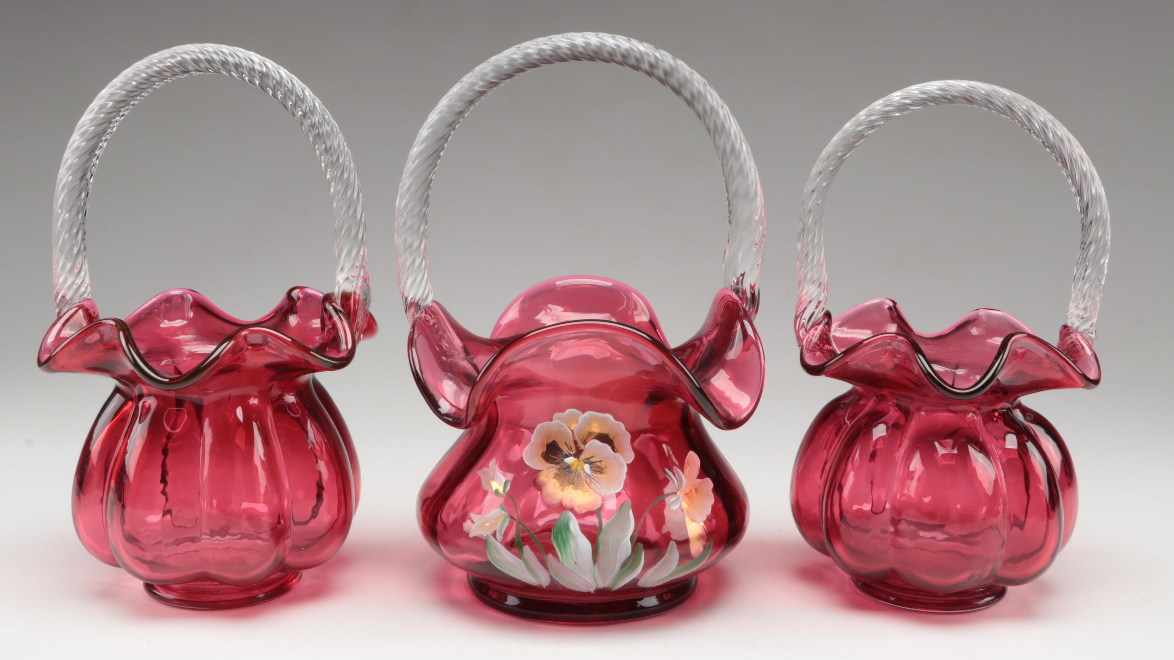 Fenton HandPainted and Other Cranberry Glass Flower Baskets EBTH