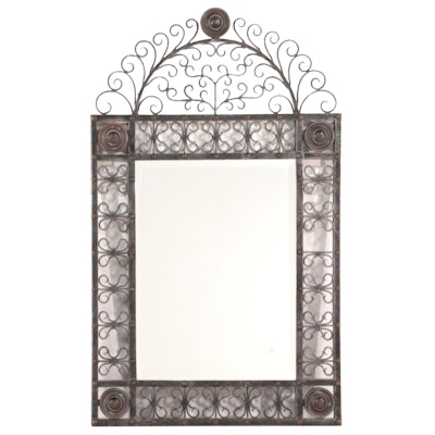 Wrought Iron Mirror with Brass Roundels and Nailhead Trim