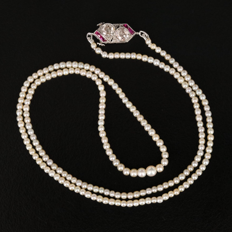 Graduated Natural Pearl Necklace Platinum Diamond and Ruby Clasp and GIA Report