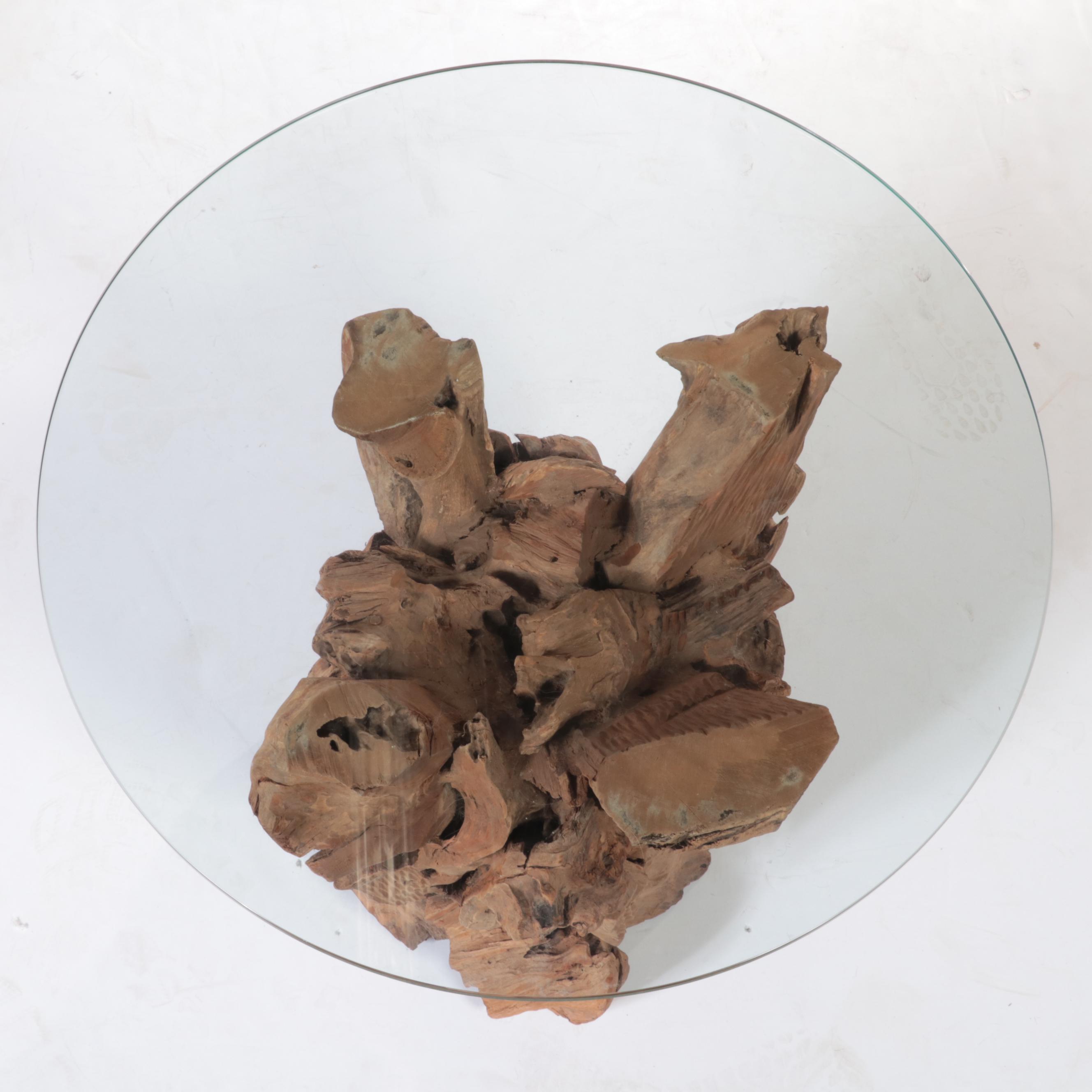 Crate & Barrel Driftwood and Glass Top Side Table EBTH