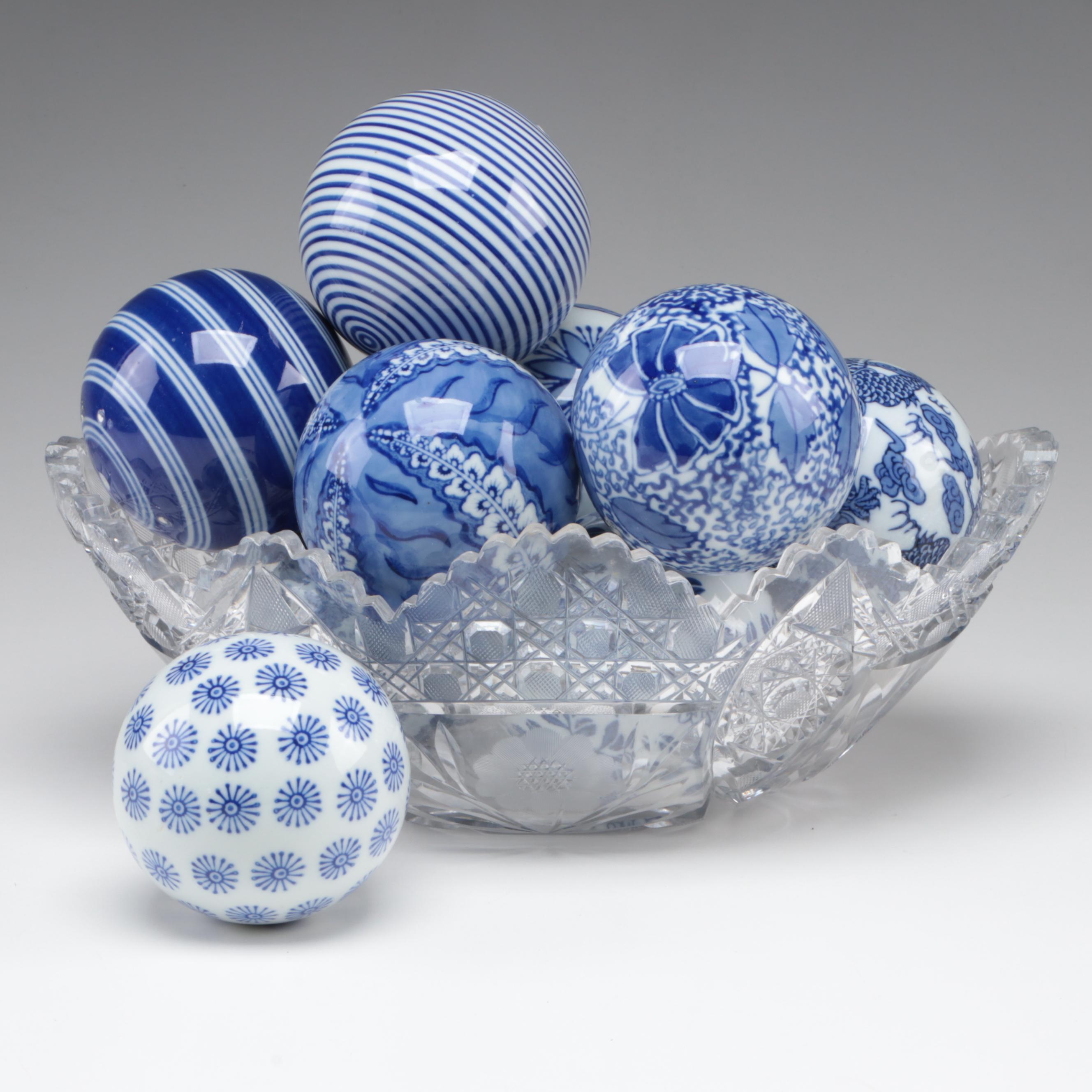 Blue and White Carpet Balls in a Cut Glass Dish EBTH