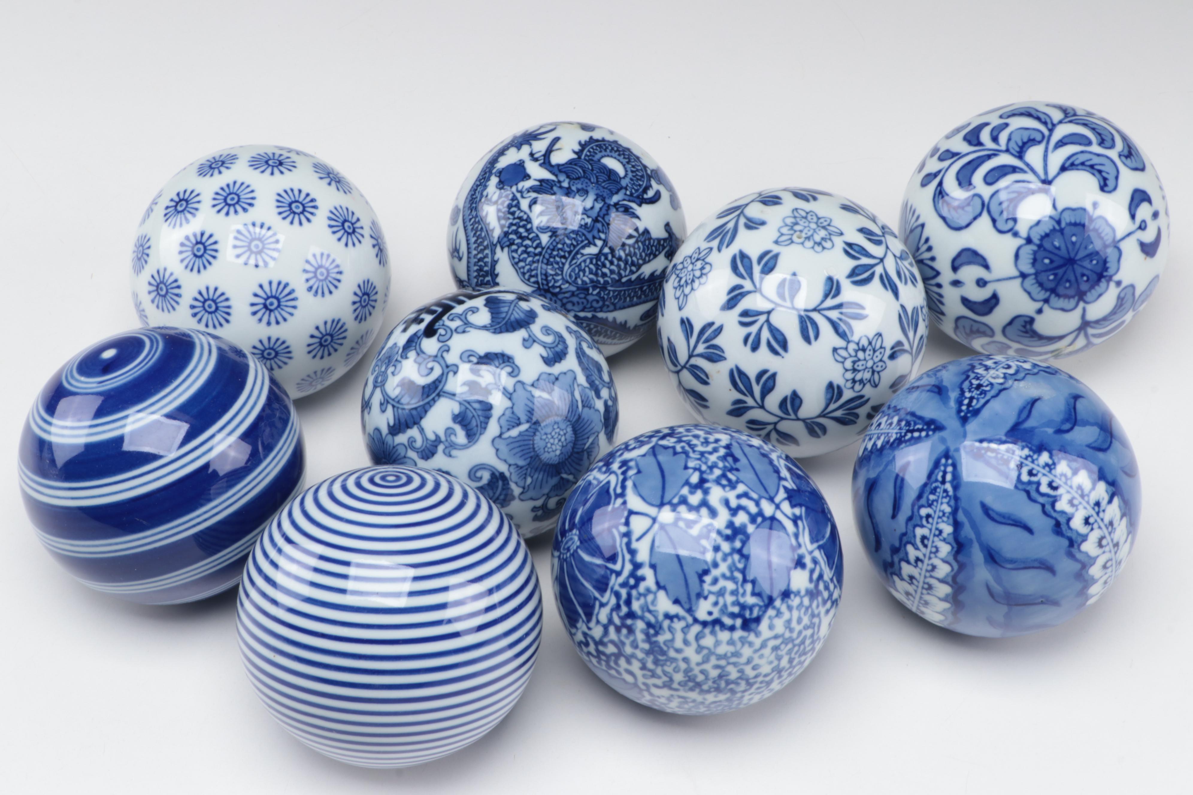 Blue and White Carpet Balls in a Cut Glass Dish EBTH