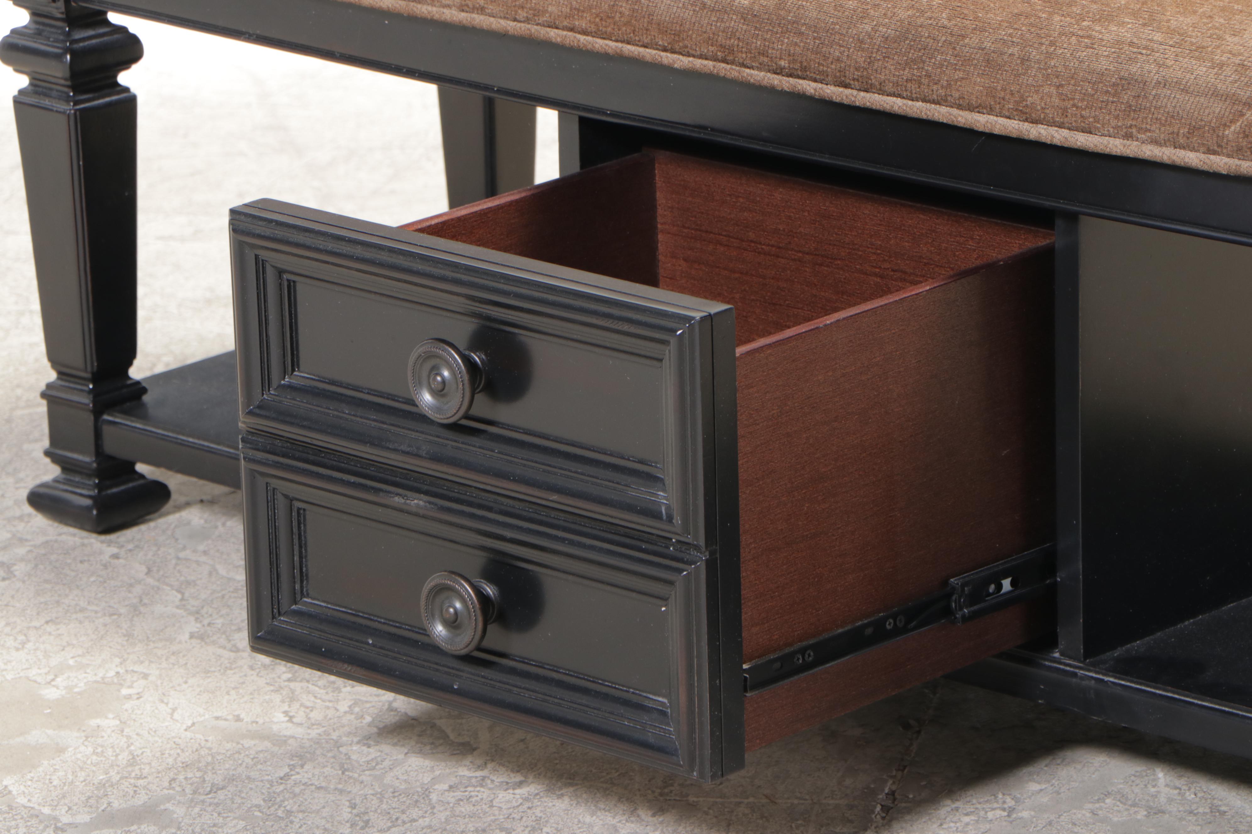 Havertys "Arrington" Upholstered and Ebonized SingleDrawer Bed Bench