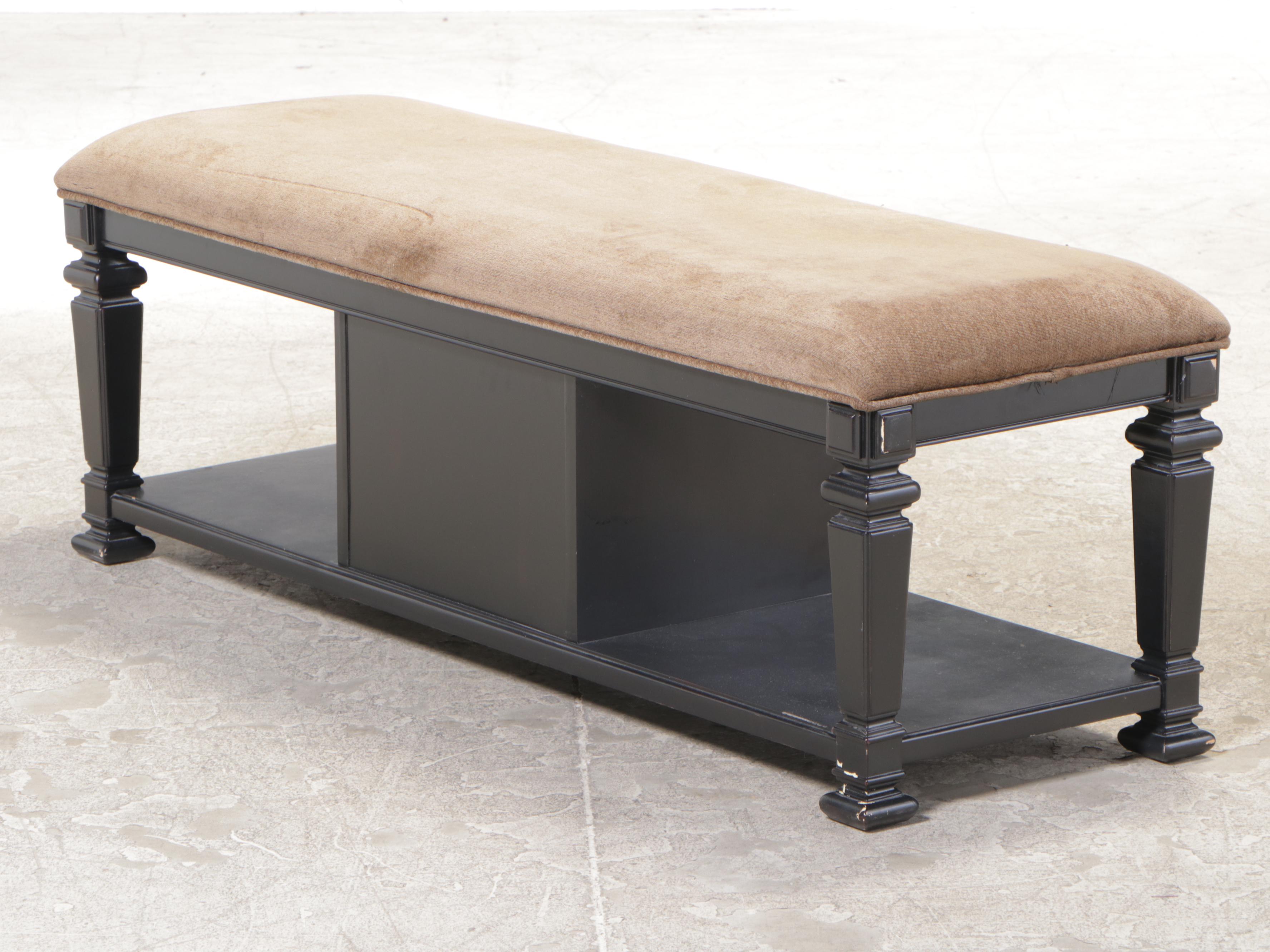 Havertys "Arrington" Upholstered and Ebonized SingleDrawer Bed Bench