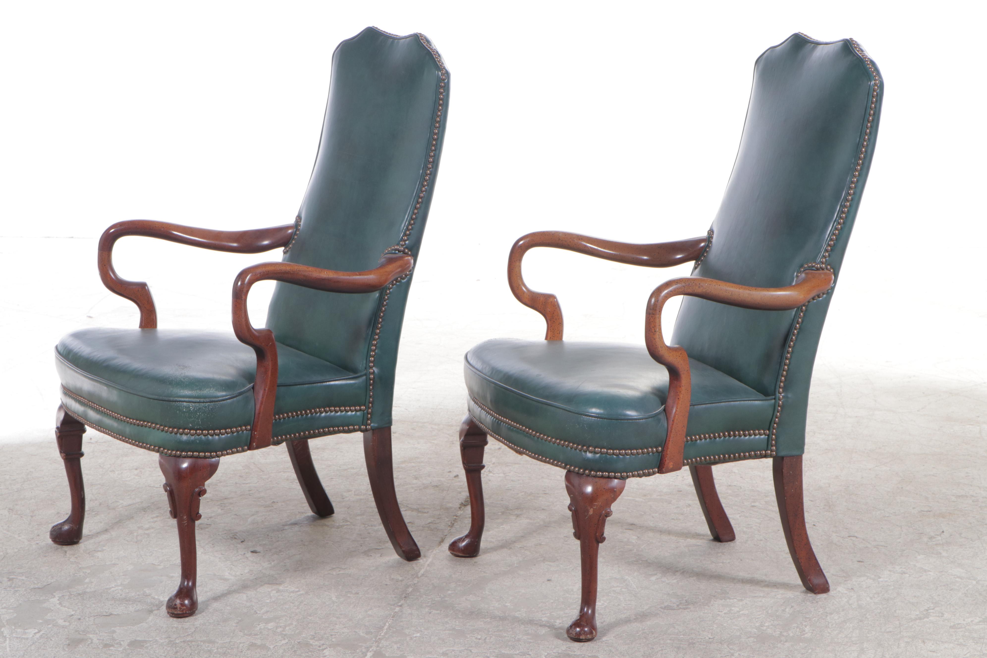 Two Classic Leather Inc. Queen Anne Style Mahogany and Green Leather