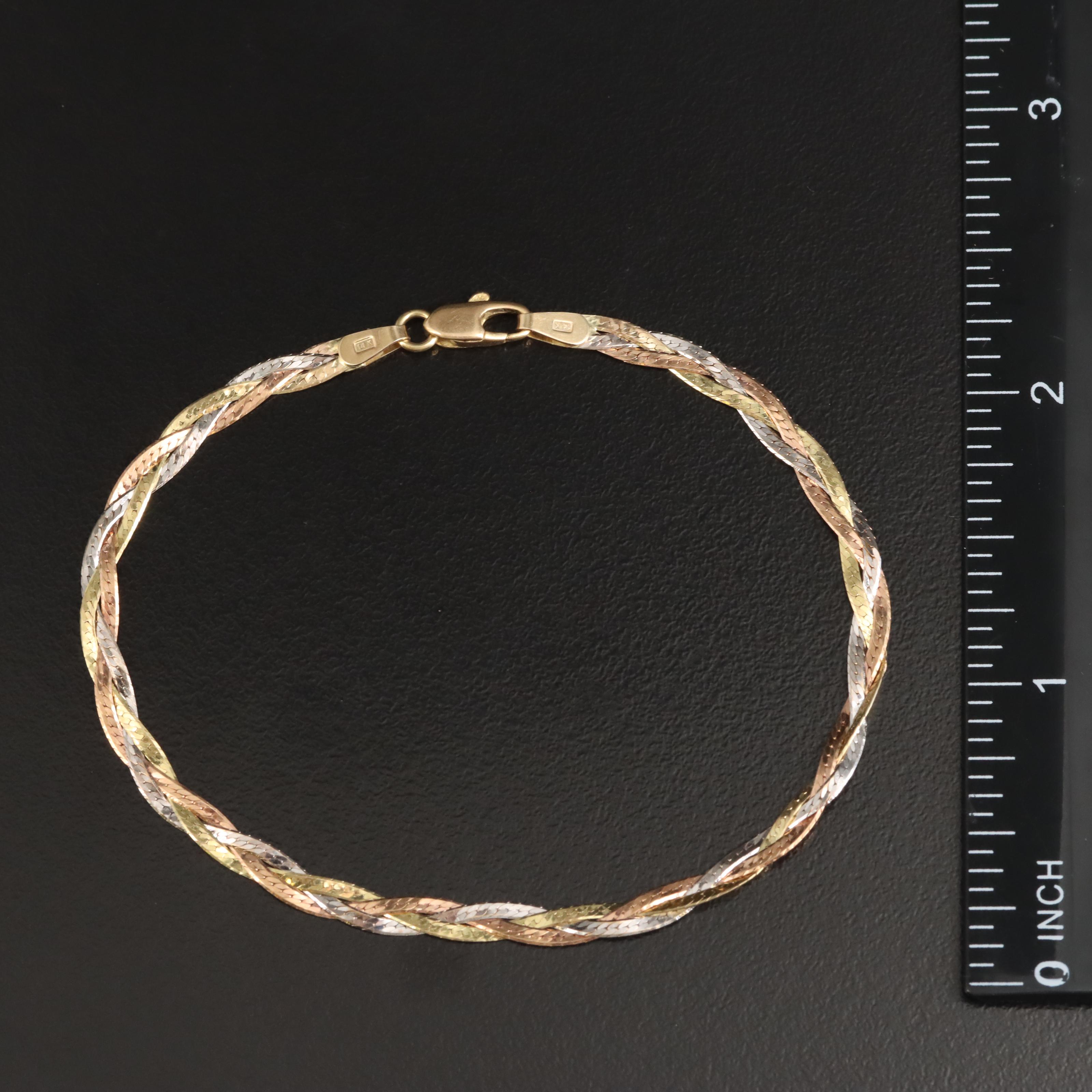 14K TriColor Braided Herringbone Chain Bracelet EBTH