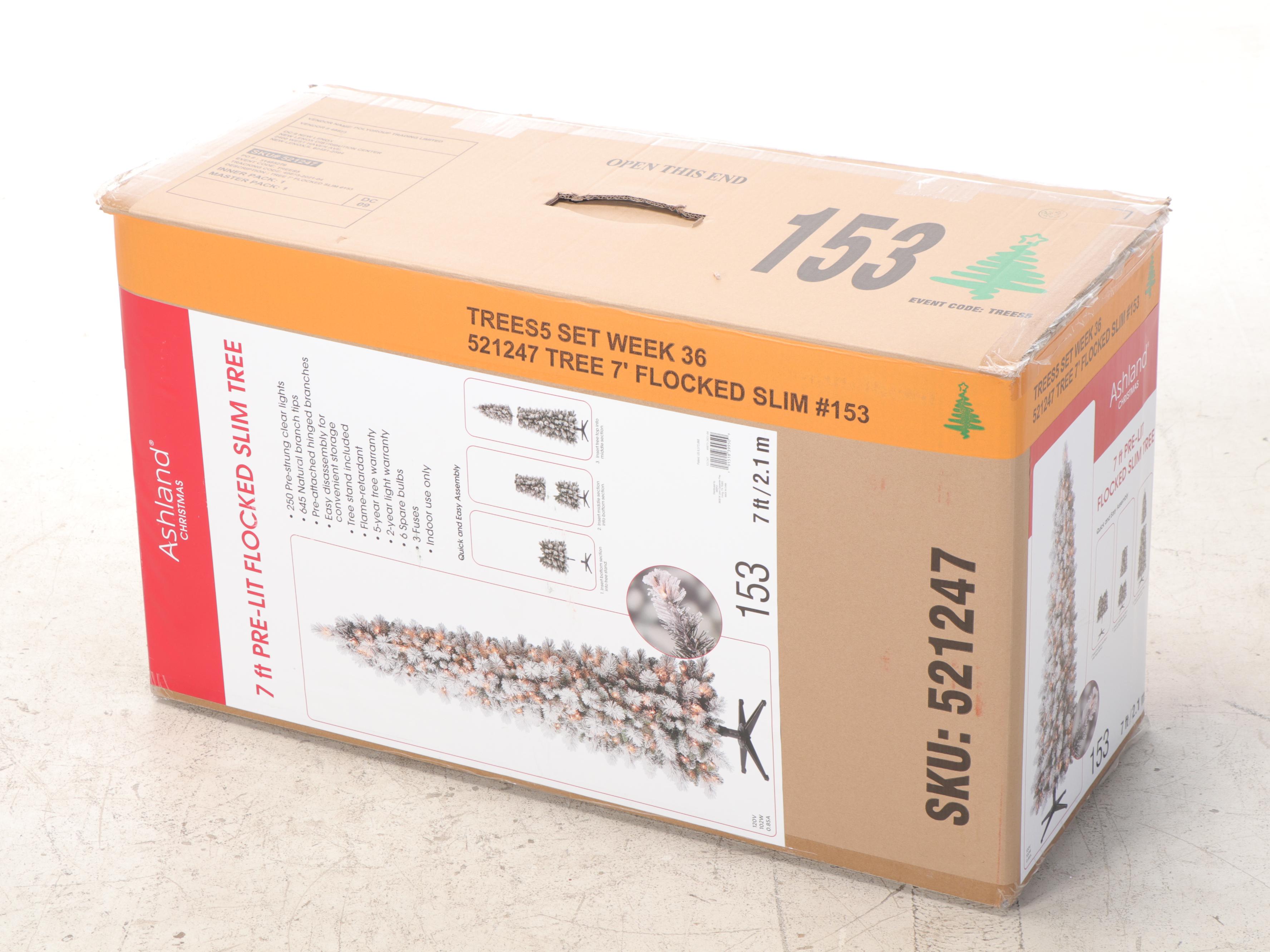 Ashland 7' PreLit Flocked Slim Tree with Ornament Collection EBTH