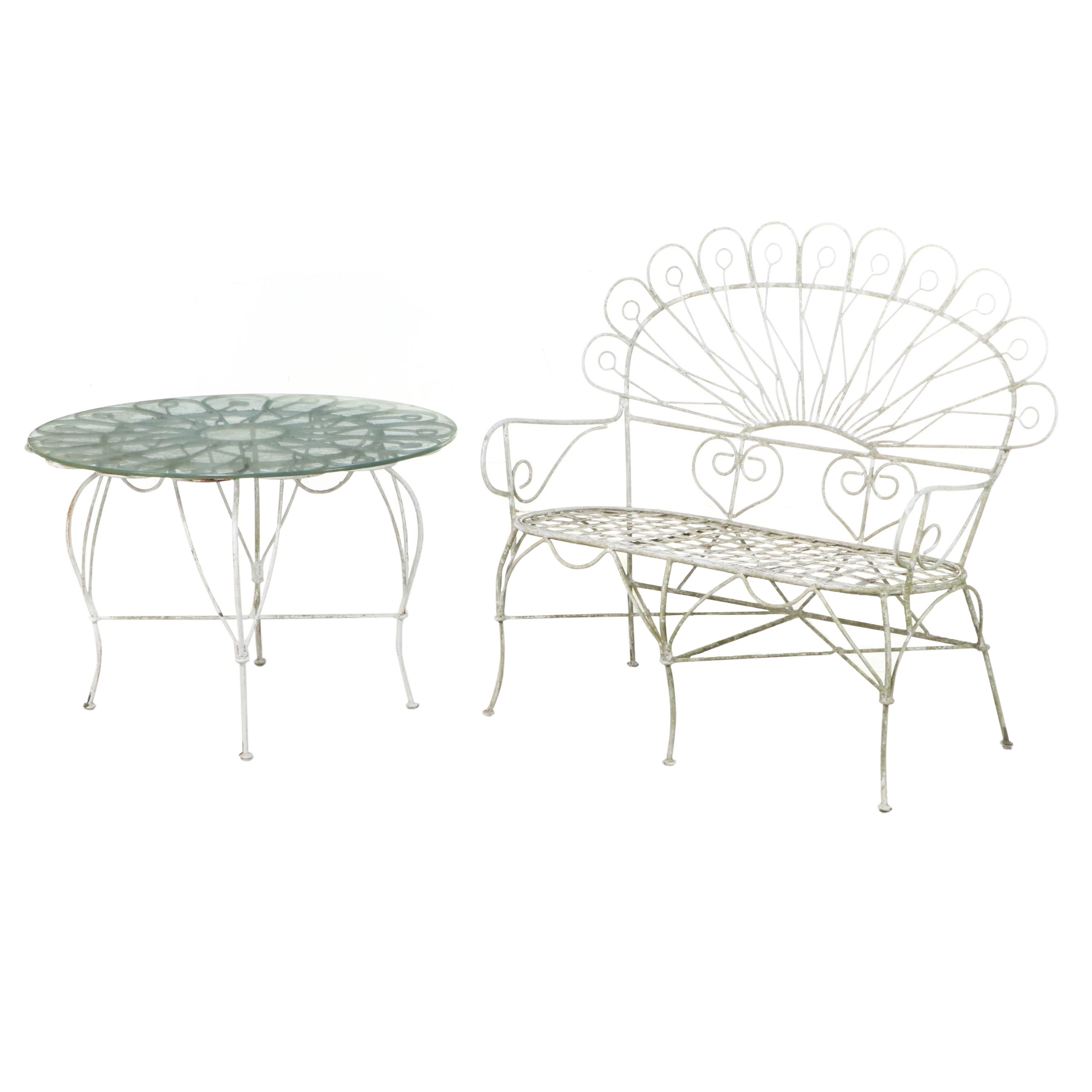 Victorian Style WhitePainted Iron Garden Bench and Glass Top Table EBTH