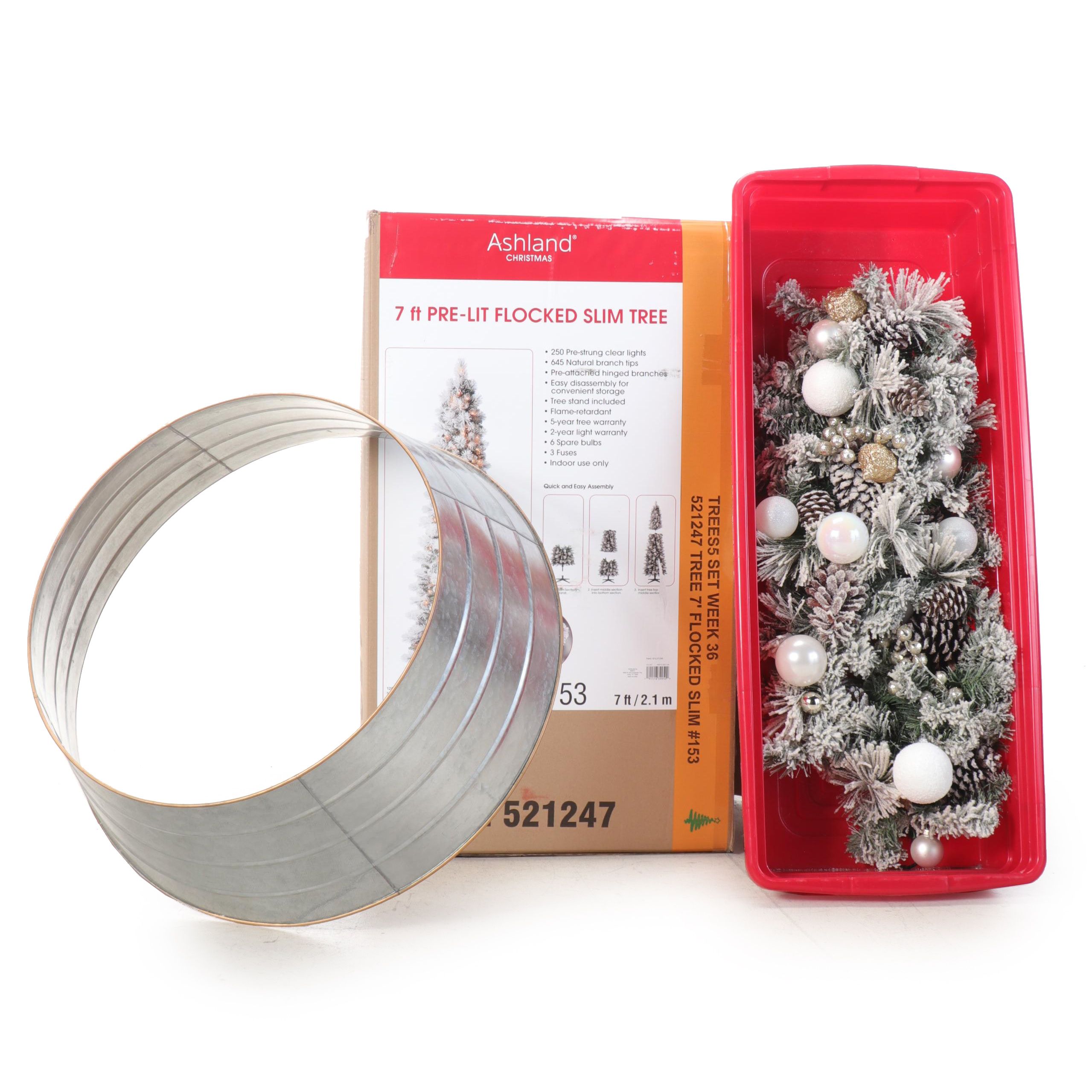 Ashland 7' PreLit Flocked Slim Tree with Ornament Collection EBTH