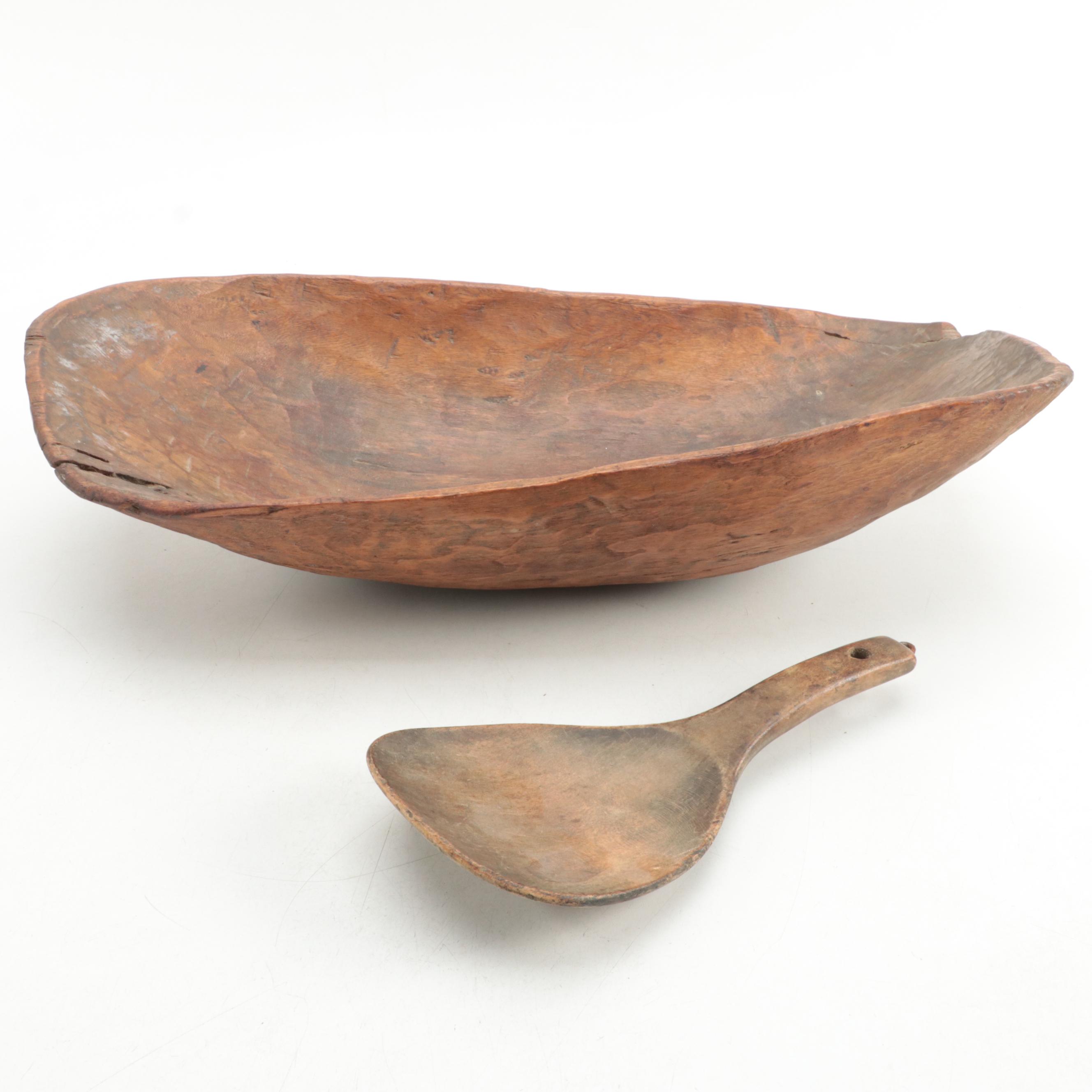 Primitive Wooden Dough Bowl and Paddle EBTH