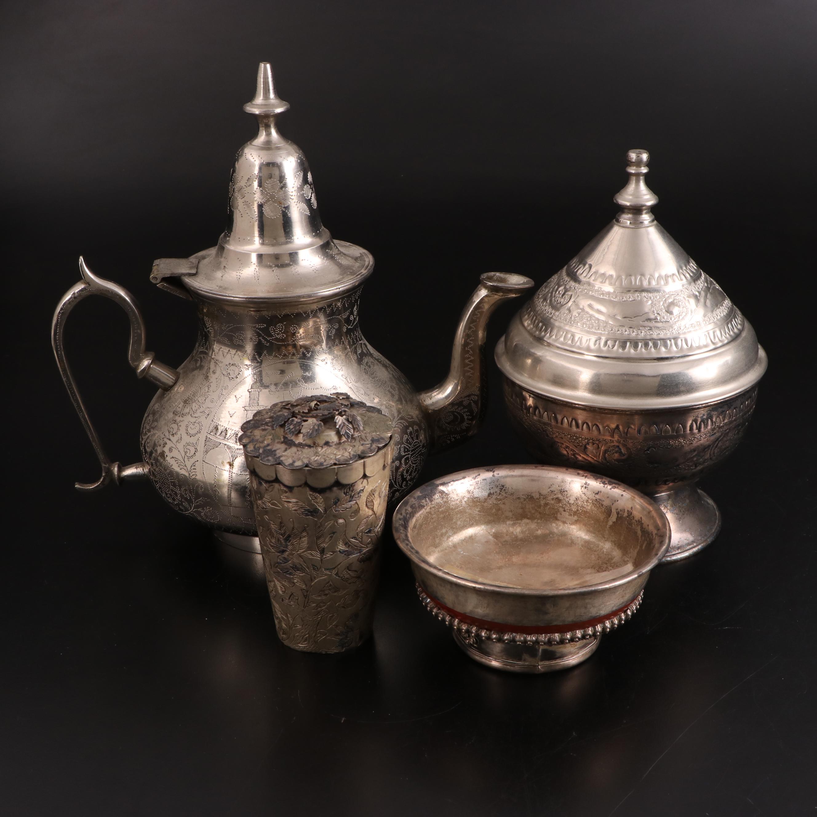 Middle Eastern Silver Plate Teapot with Outer Mongolian Bowl and Other