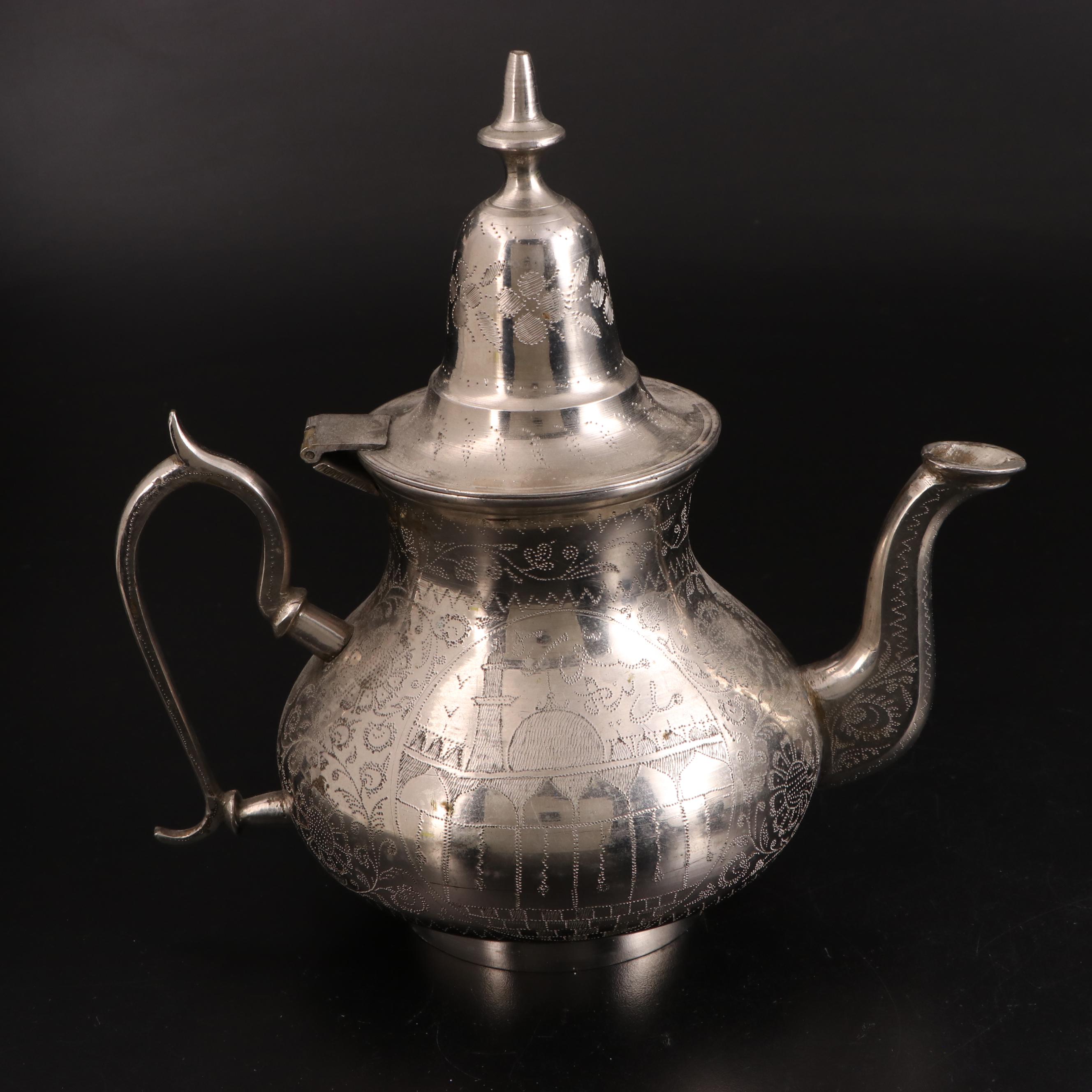Middle Eastern Silver Plate Teapot with Outer Mongolian Bowl and Other