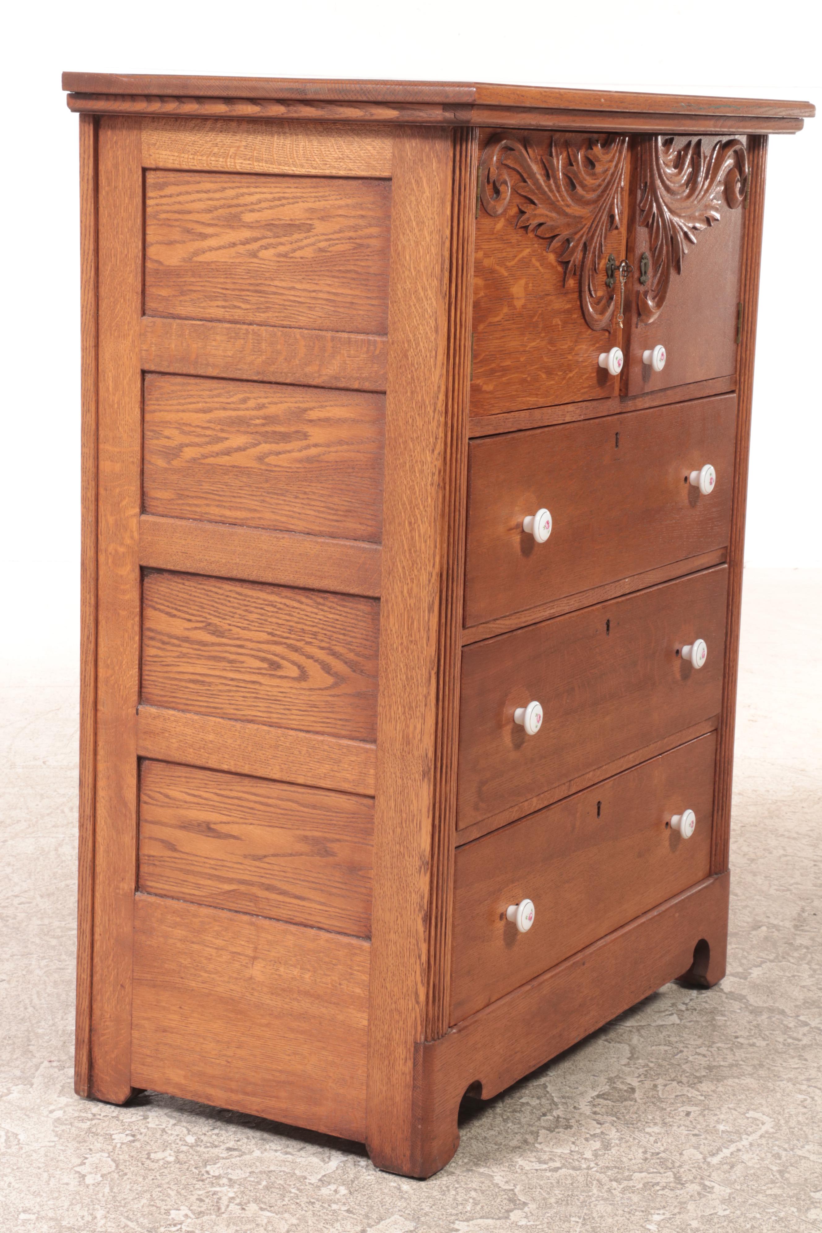 Victorian Quartersawn Oak ThreeDrawer Hat Box Chest, Late 19th Century EBTH