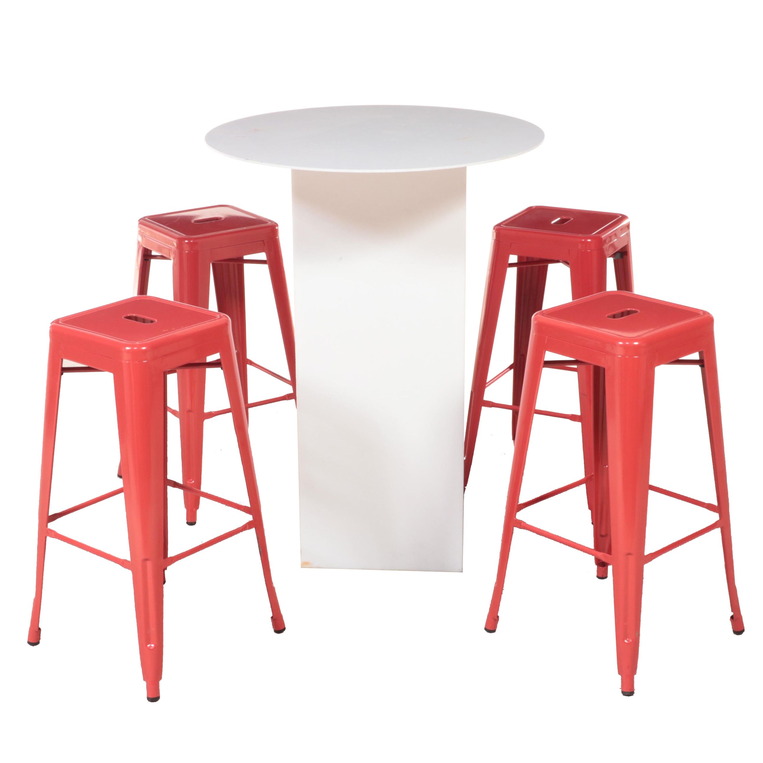 White Acrylic HighTop Table with Red Metal Barstools EBTH