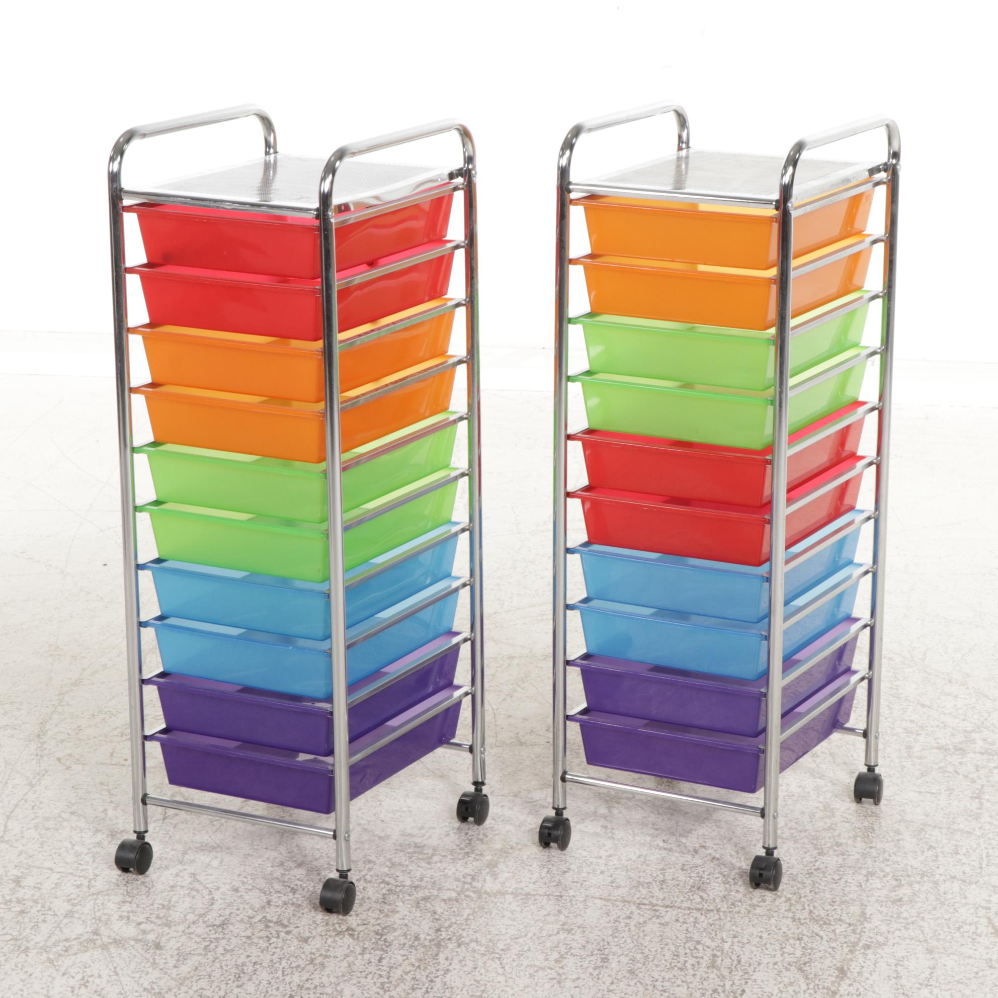 Pair of Contemporary Rolling Storage Racks with Rainbow Colored Drawers