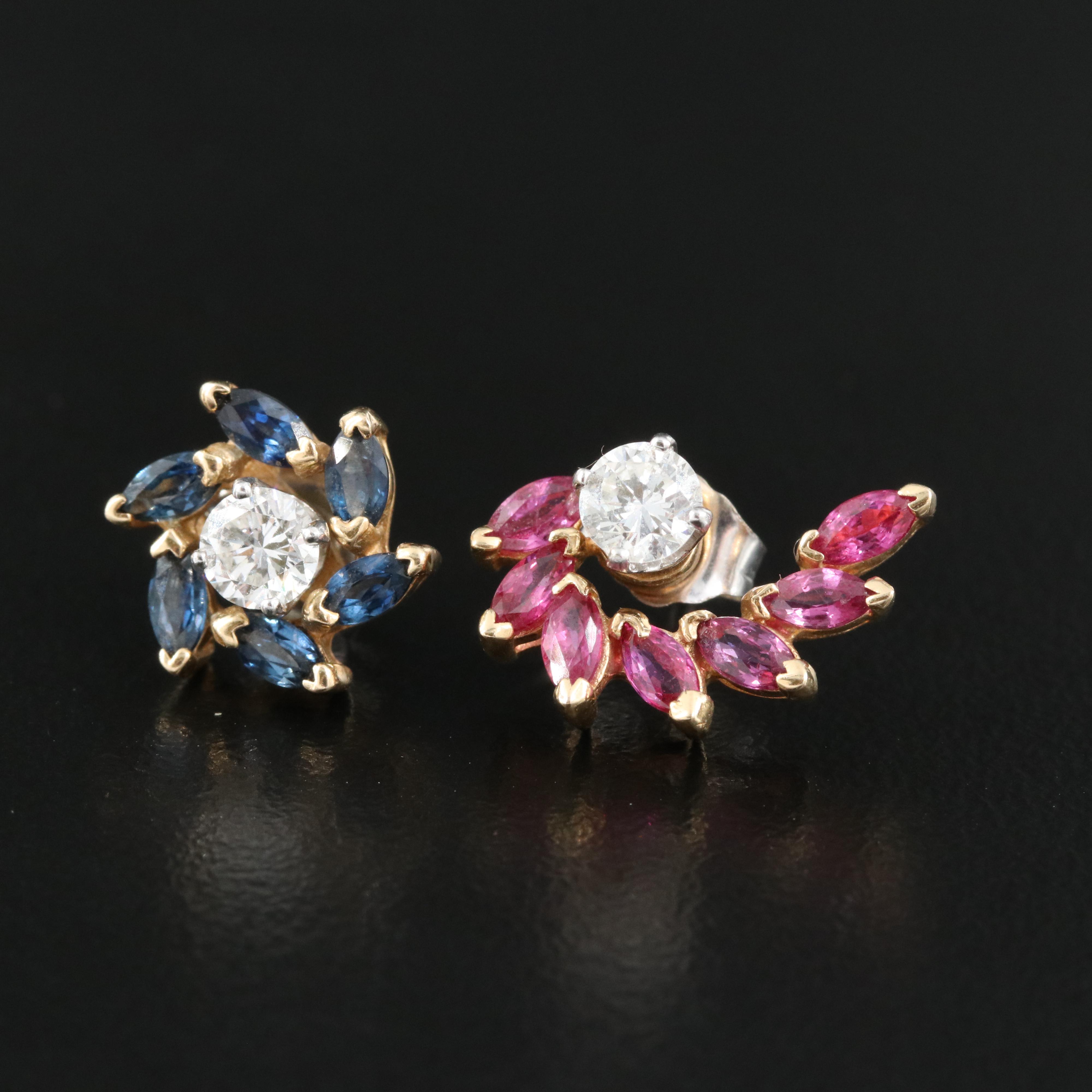 14K Diamond Stud Earrings with Ruby and Sapphire Earring Enhancers EBTH