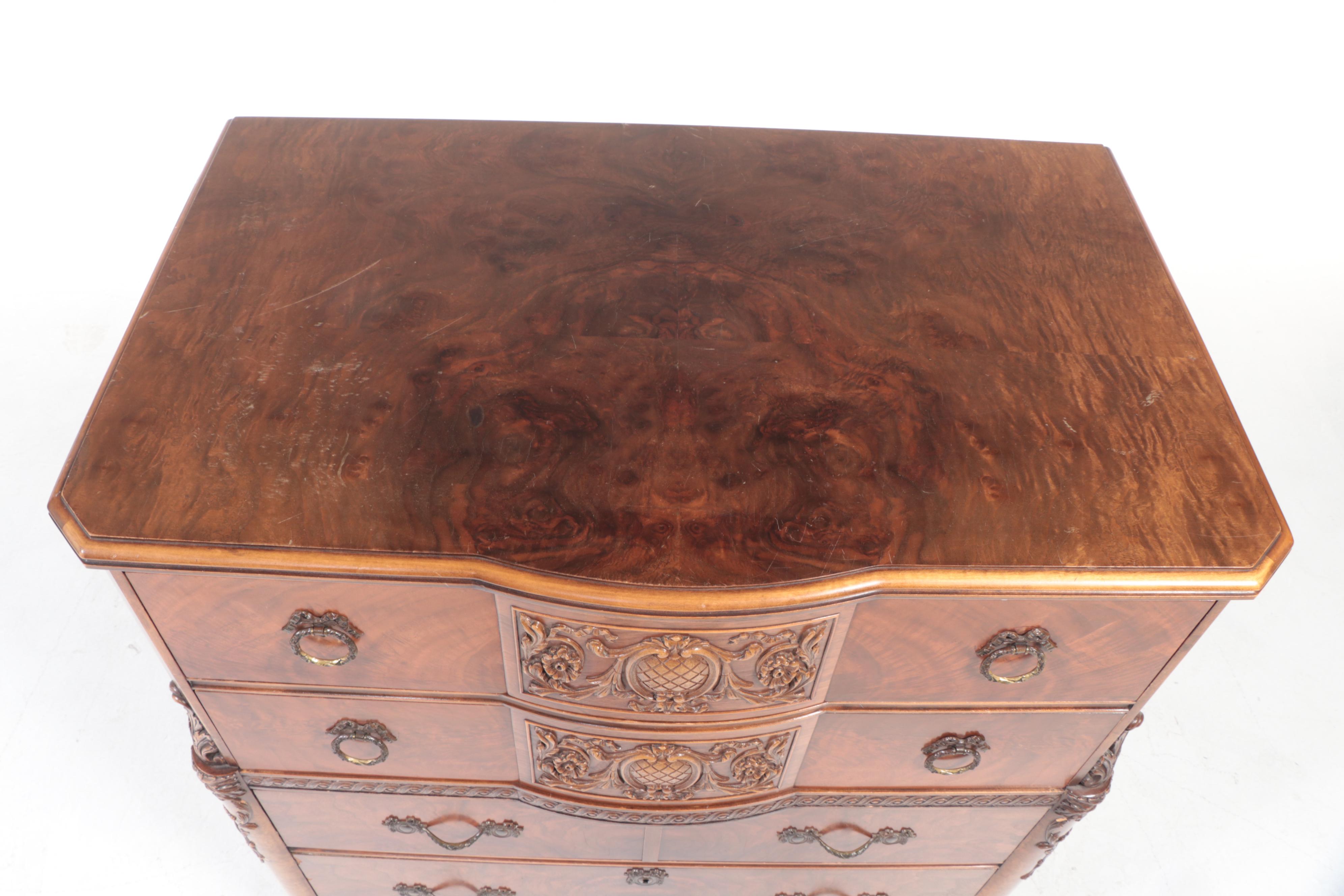 Romweber Neoclassical Style Figured Walnut and Maple FiveDrawer Chest