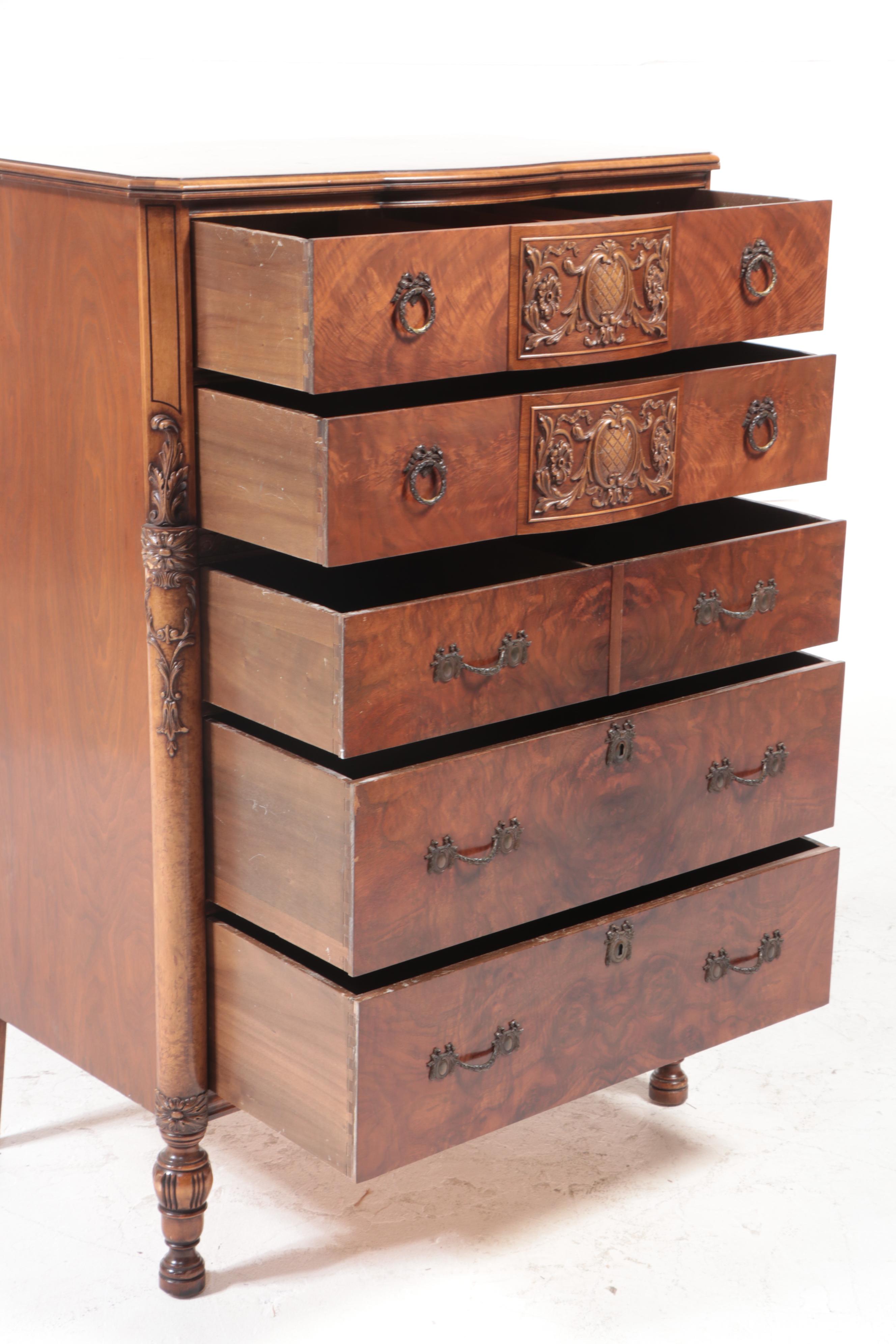 Romweber Neoclassical Style Figured Walnut and Maple FiveDrawer Chest