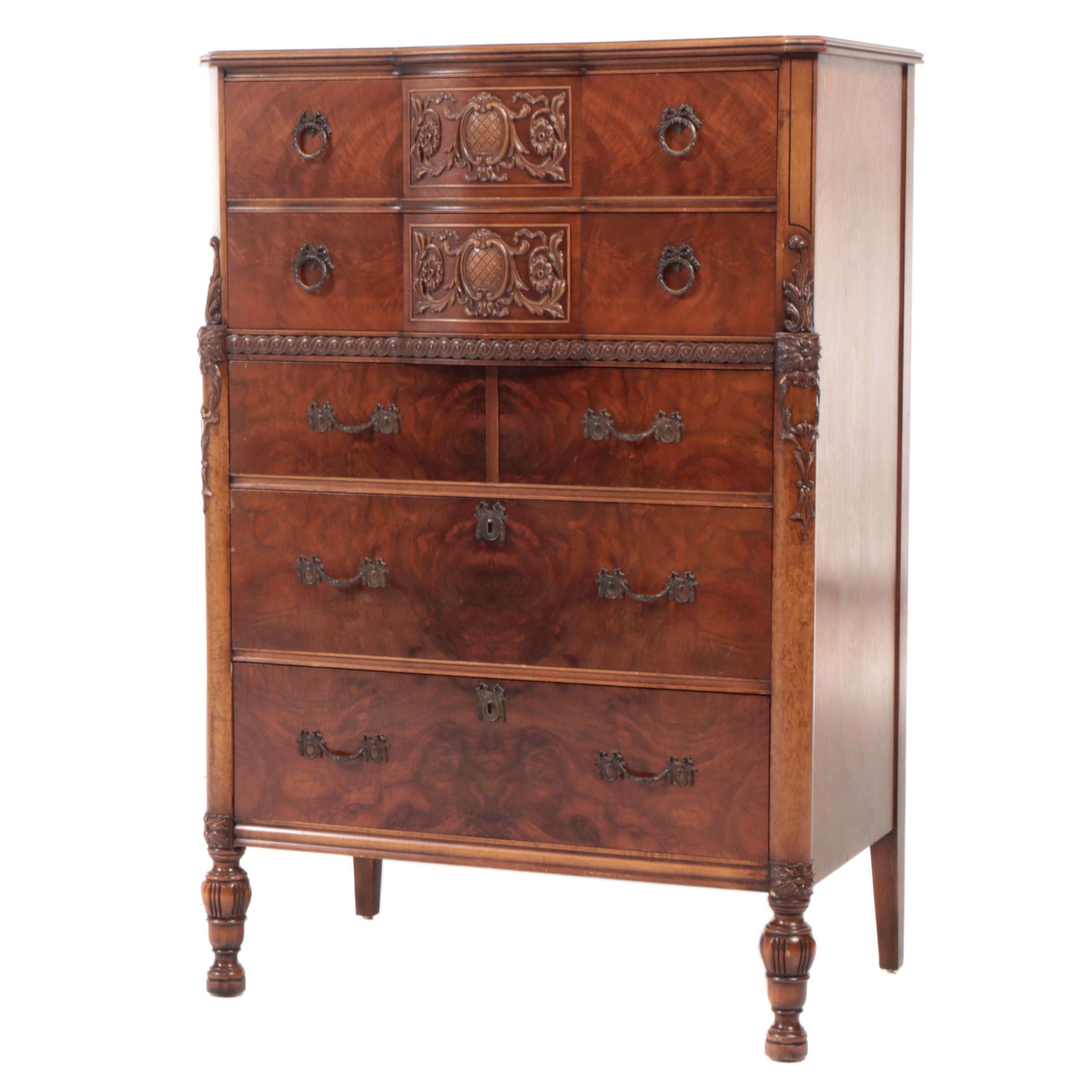 Romweber Neoclassical Style Figured Walnut and Maple FiveDrawer Chest