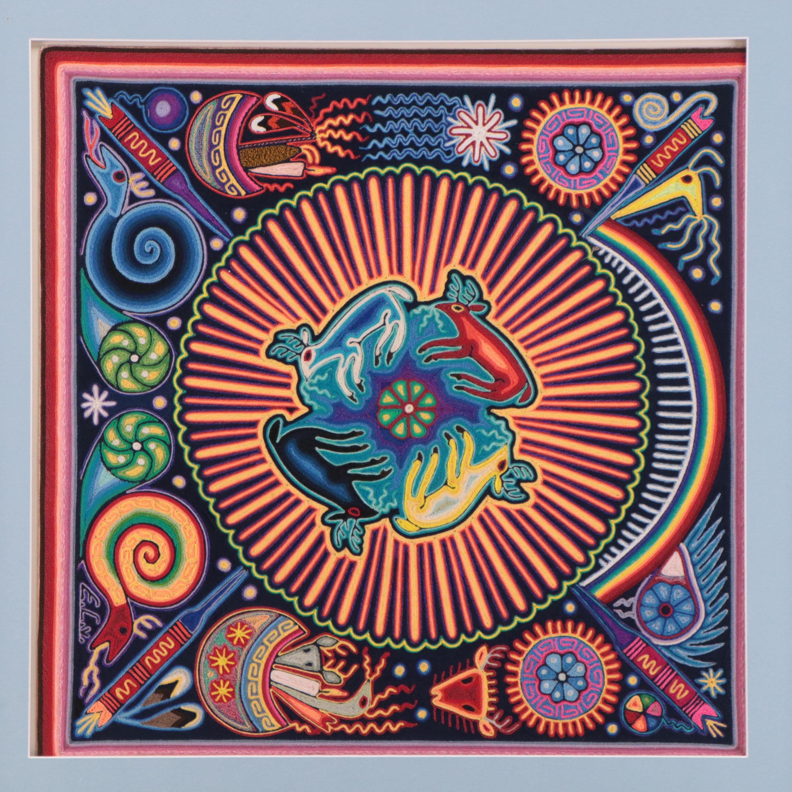 Huichol Style Yarn Painting Tapestry of Animals EBTH