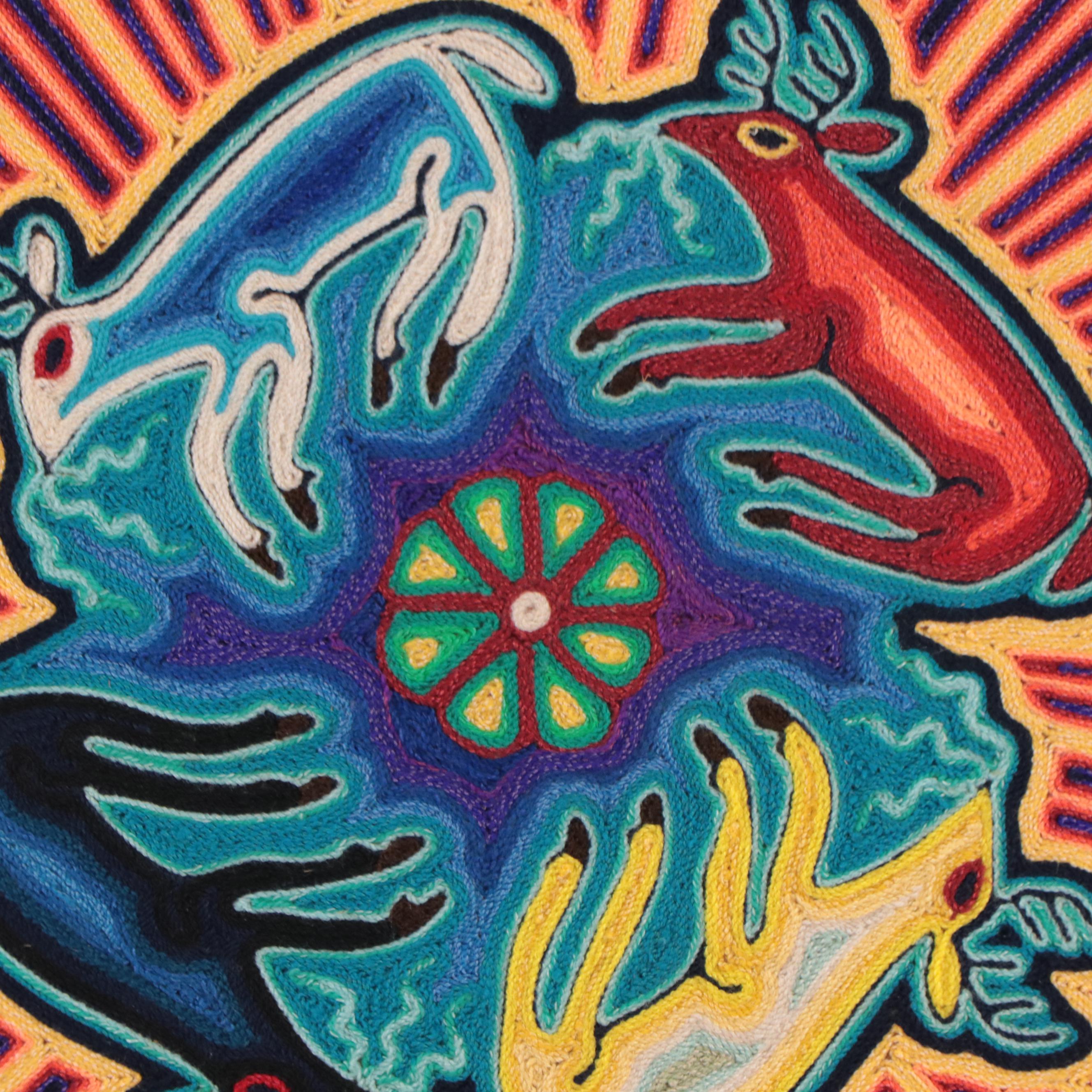 Huichol Style Yarn Painting Tapestry of Animals EBTH