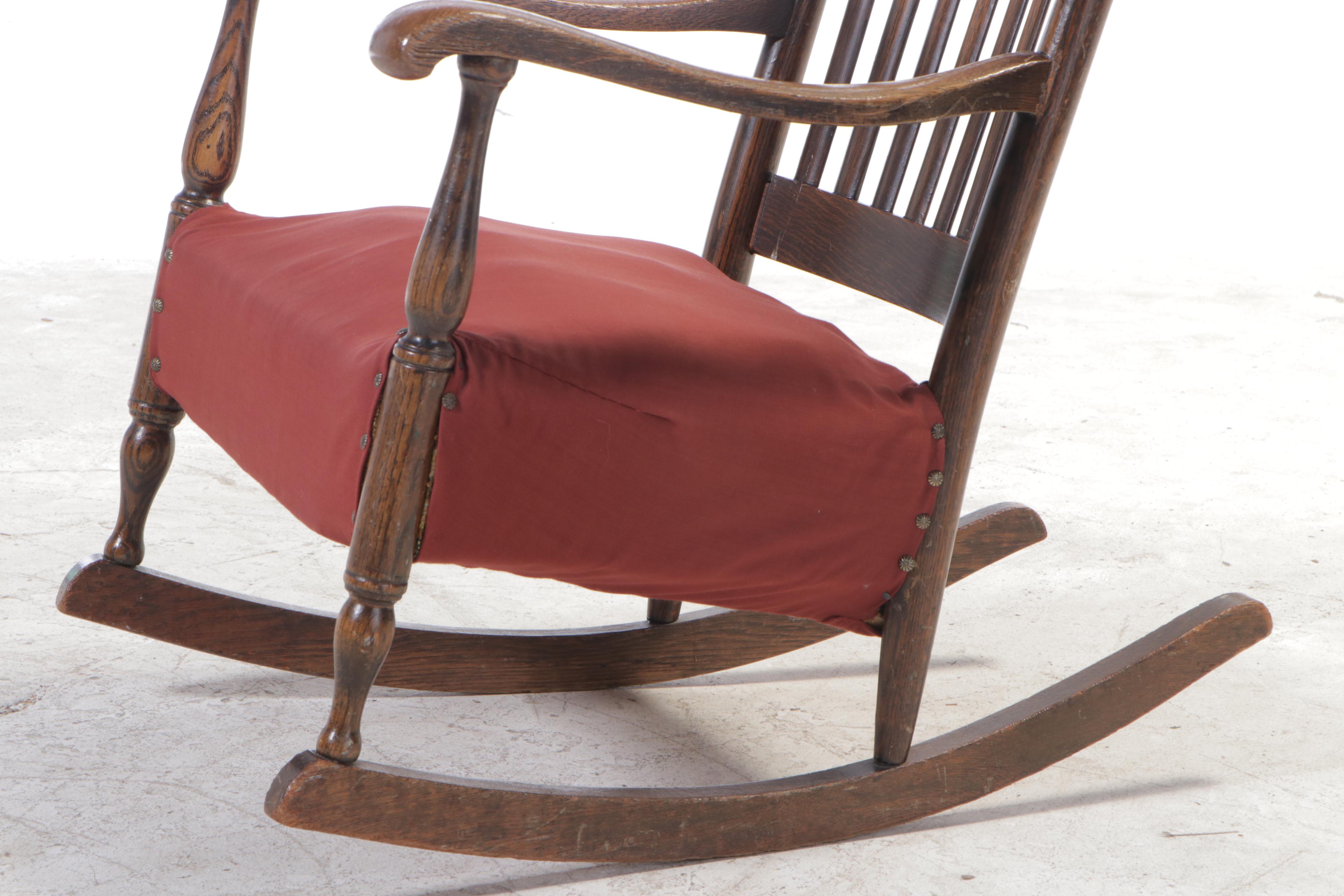 Oak Rocking Chair with OilCloth Upholstered Crest, Early 20th Century