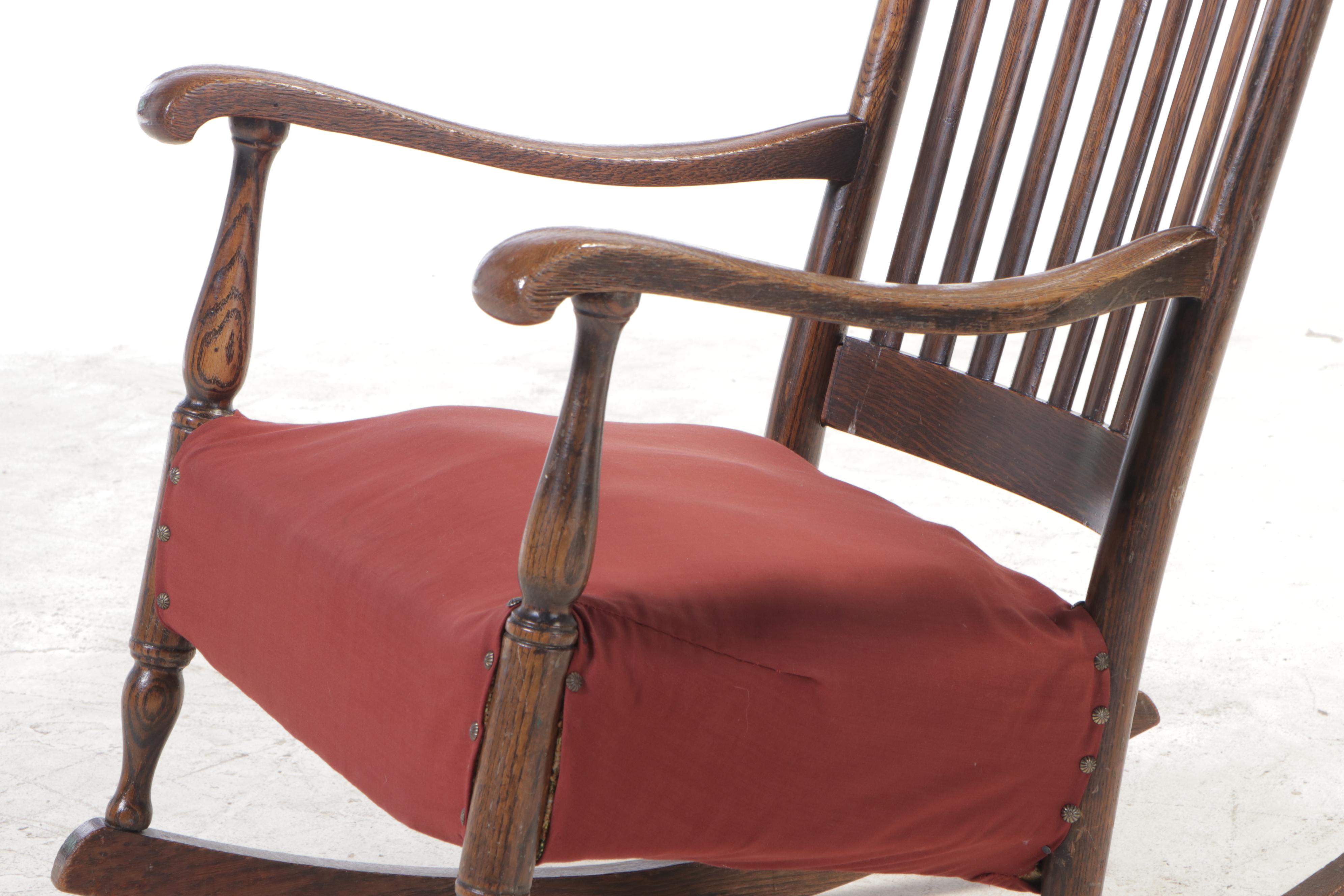 Oak Rocking Chair with OilCloth Upholstered Crest, Early 20th Century