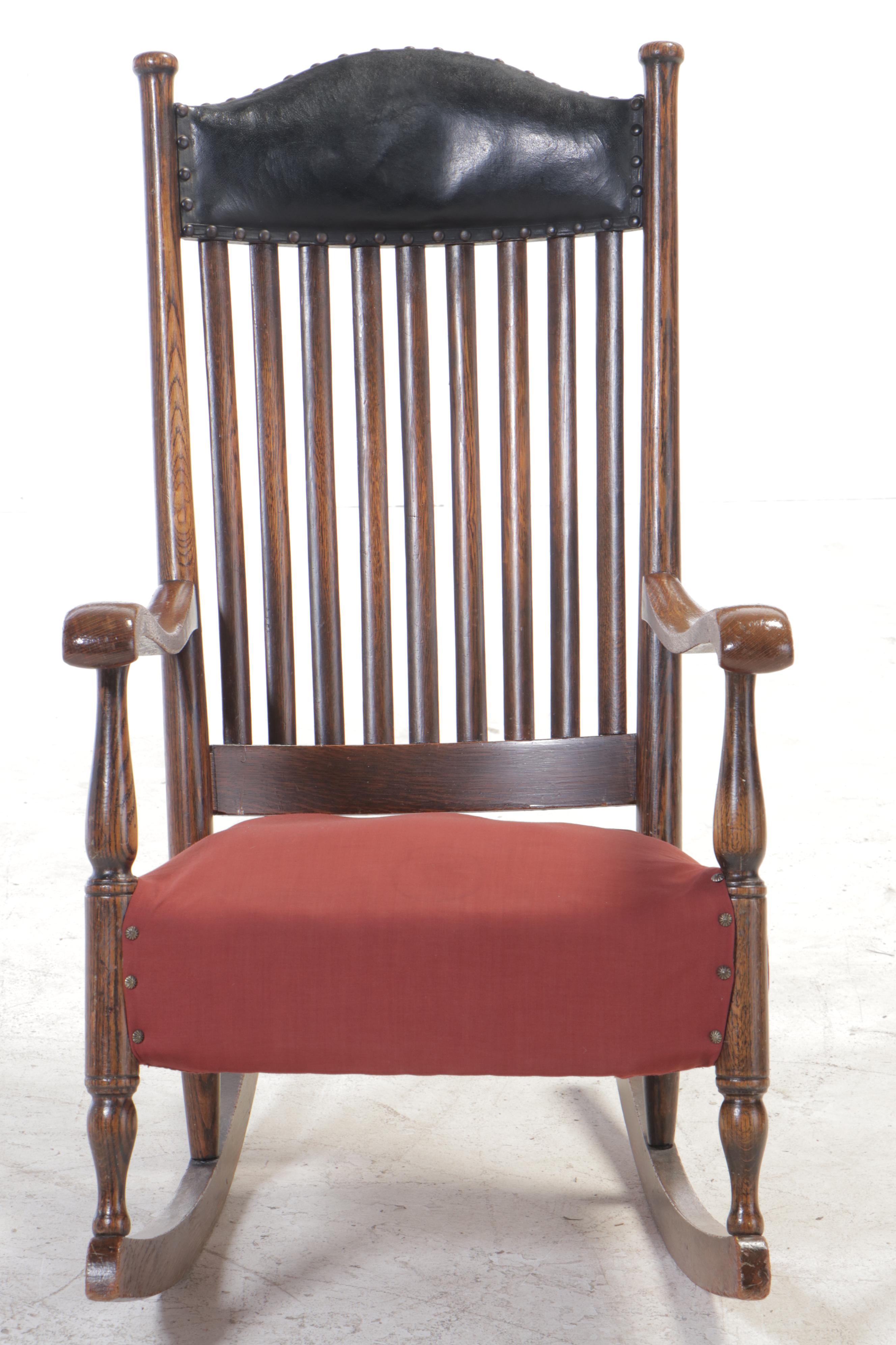 Oak Rocking Chair with OilCloth Upholstered Crest, Early 20th Century