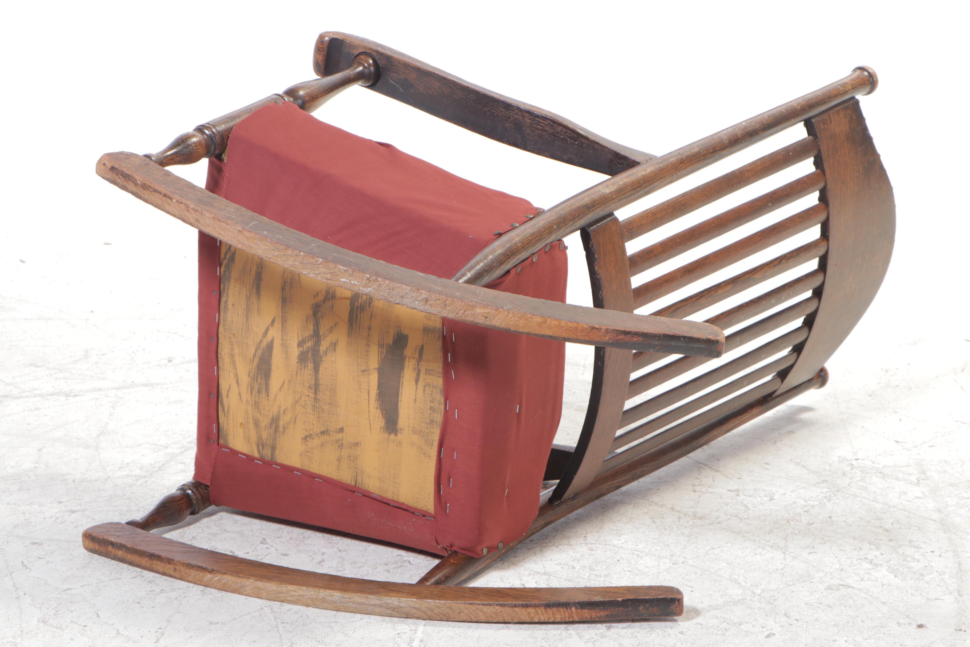 Oak Rocking Chair with OilCloth Upholstered Crest, Early 20th Century