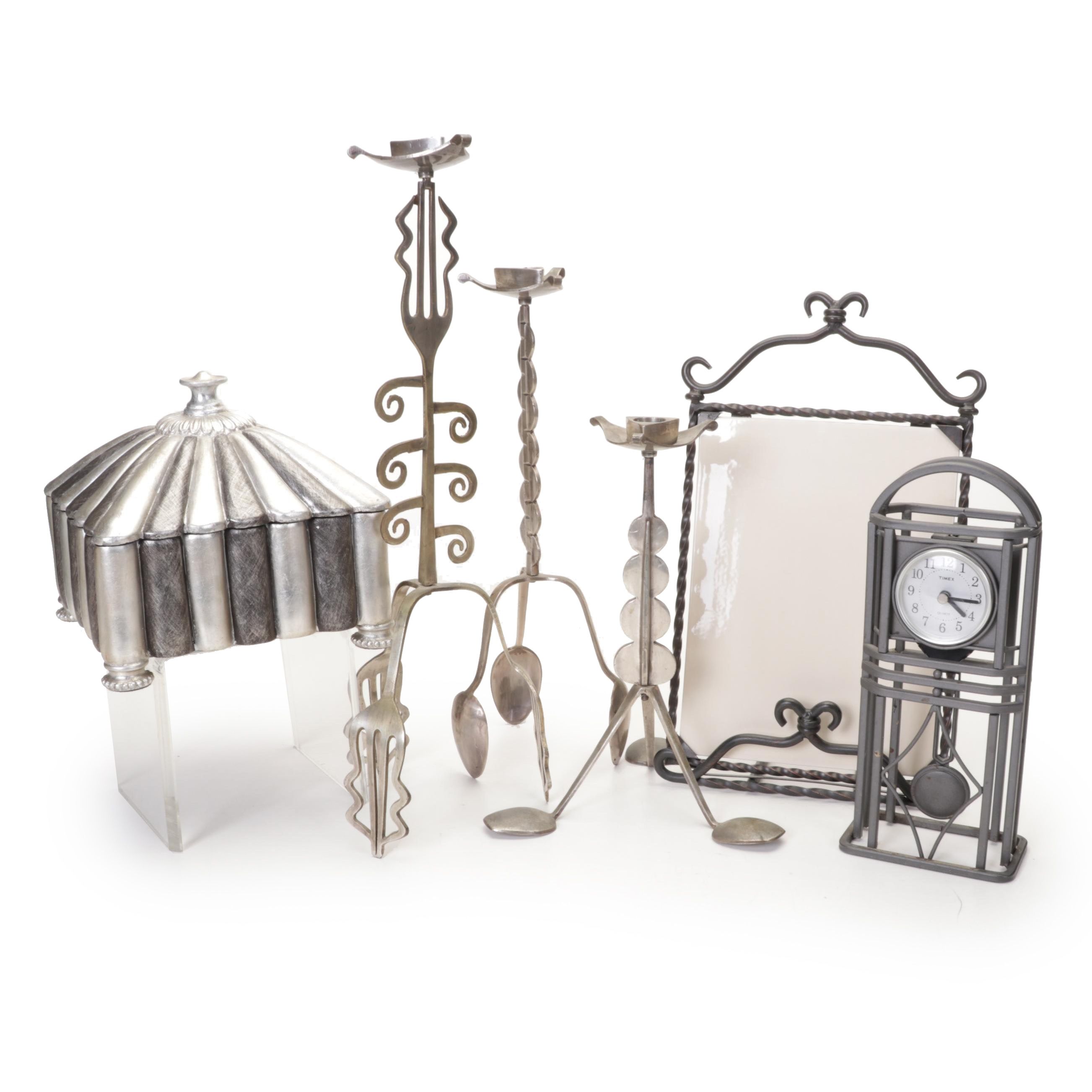Timex Pendulum Clock, Flatware Sculptural Candlesticks and Other Décor