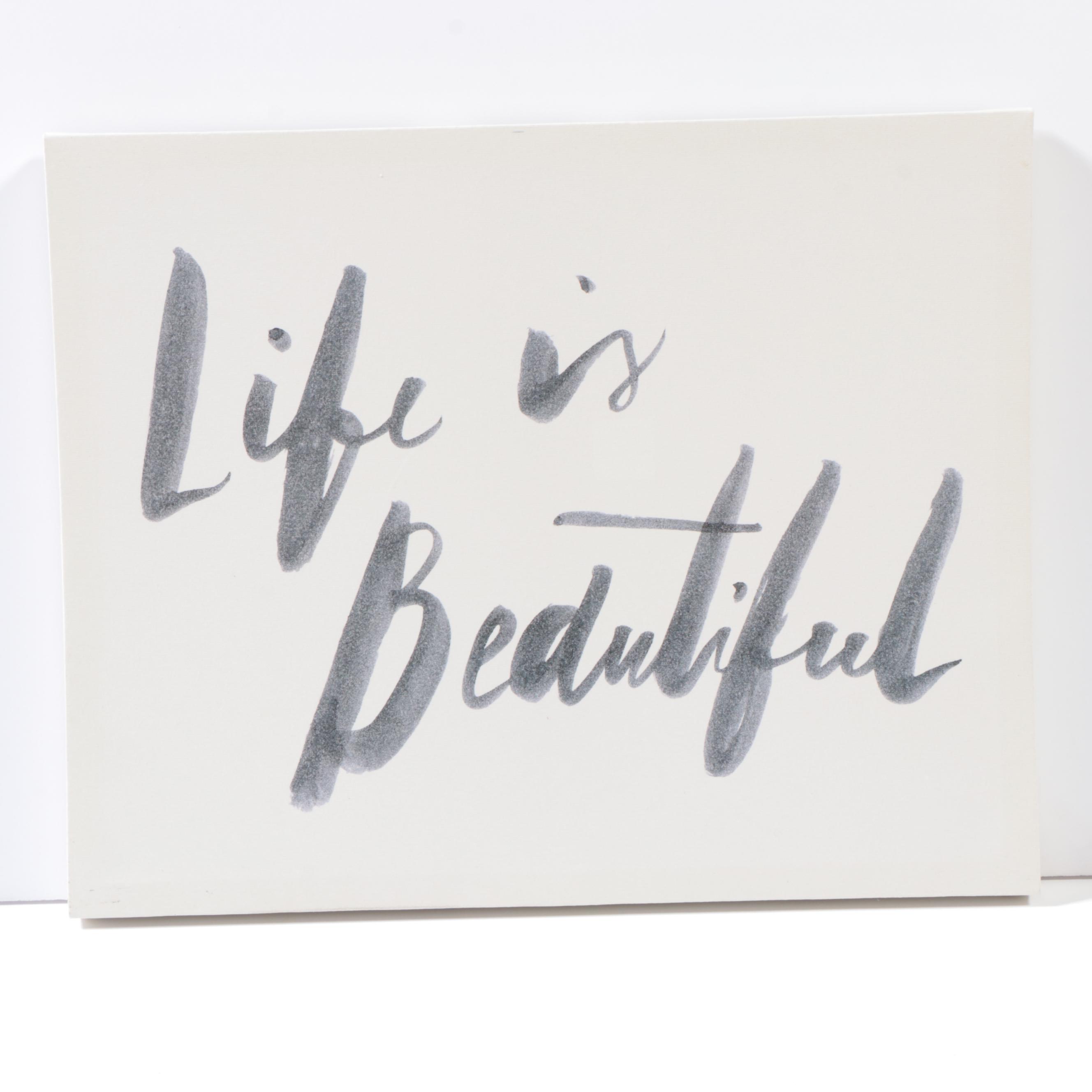 Threshold Routed Wood Wall Shelf with "Life is Beautiful" Print and