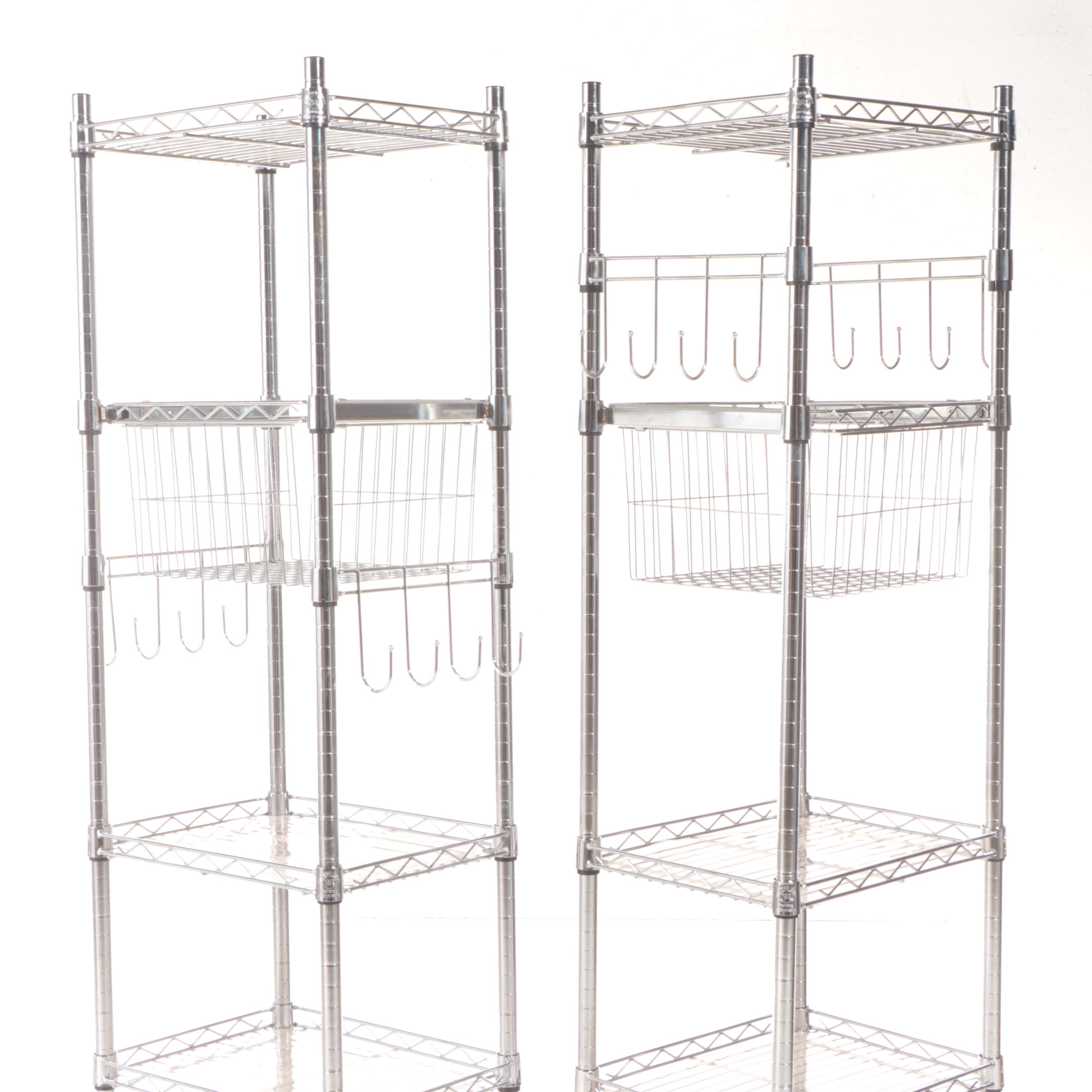 Two Chrome Wire Shelving Towers with Basket Drawer and Hooks EBTH