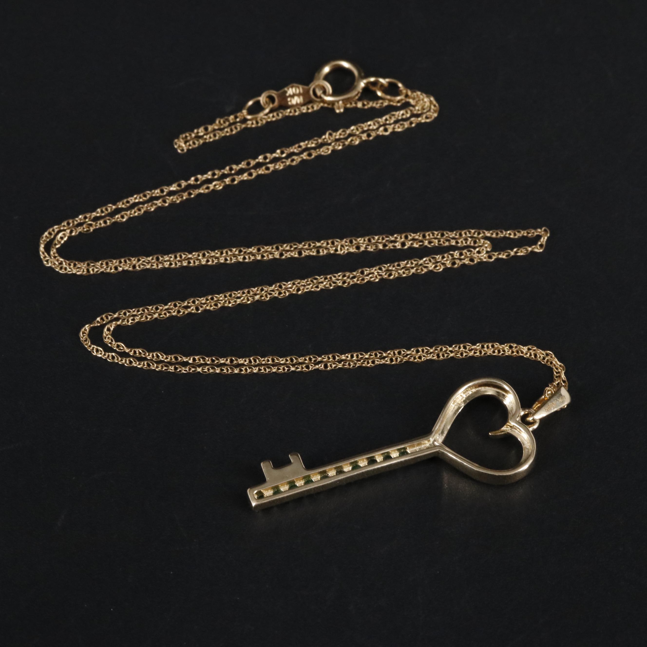 10K Emerald Heart Key Pendant Necklace EBTH