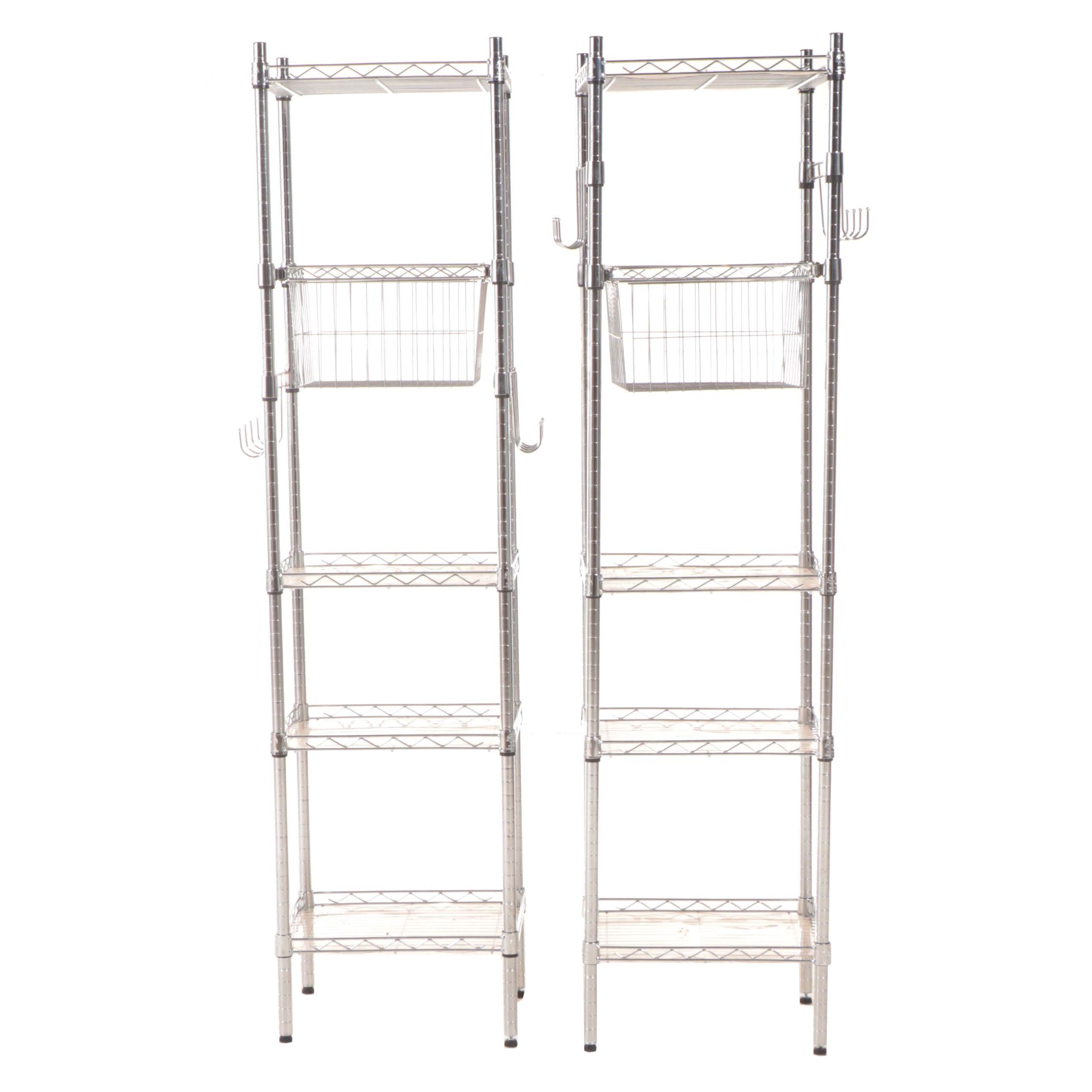 Two Chrome Wire Shelving Towers with Basket Drawer and Hooks EBTH