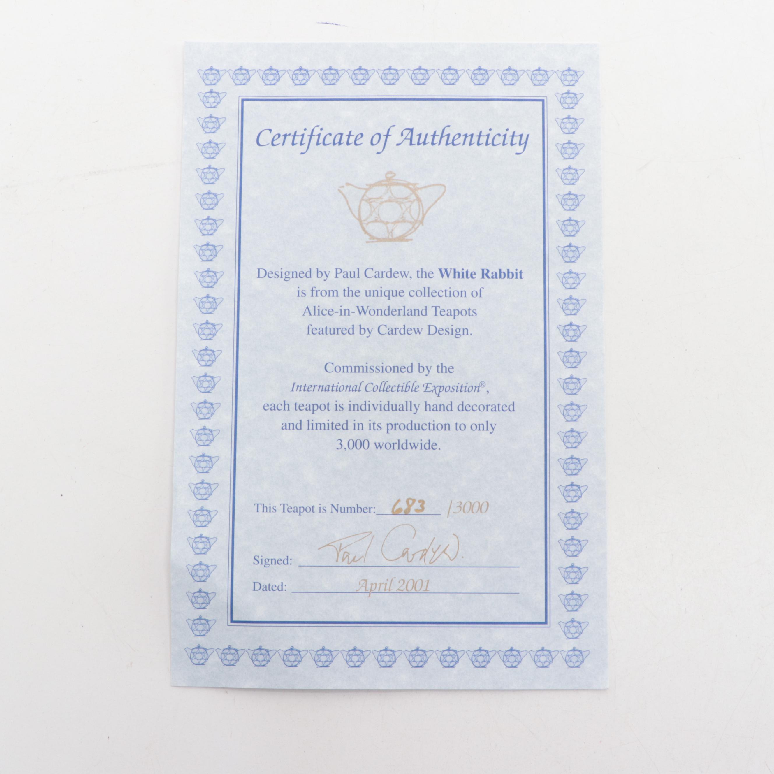 Cardew Collectibles "White Rabbit" Alice in Wonderland Ceramic Teapot