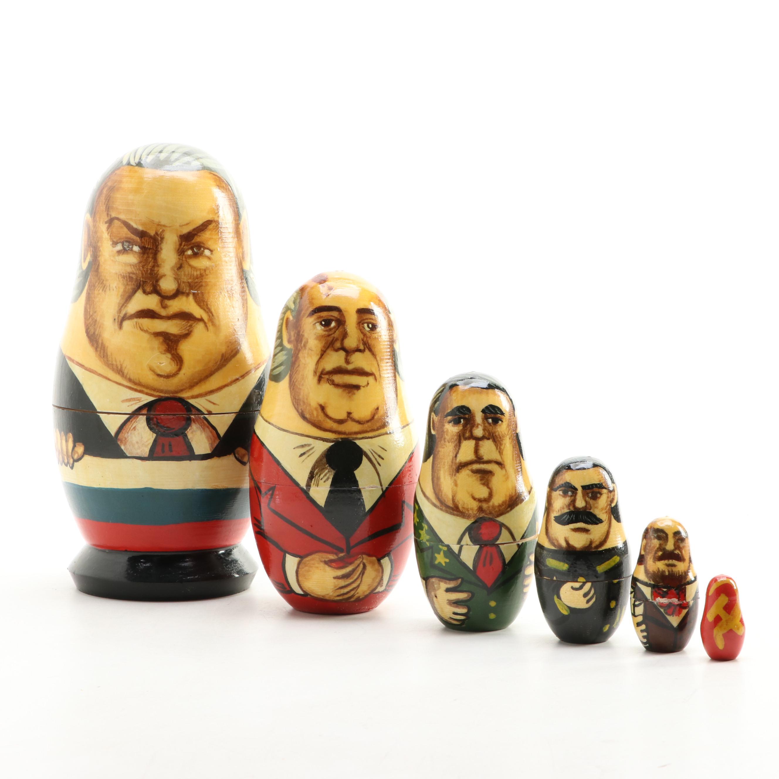 HandPainted Russian Political Leaders Nesting Dolls, Late 20th Century