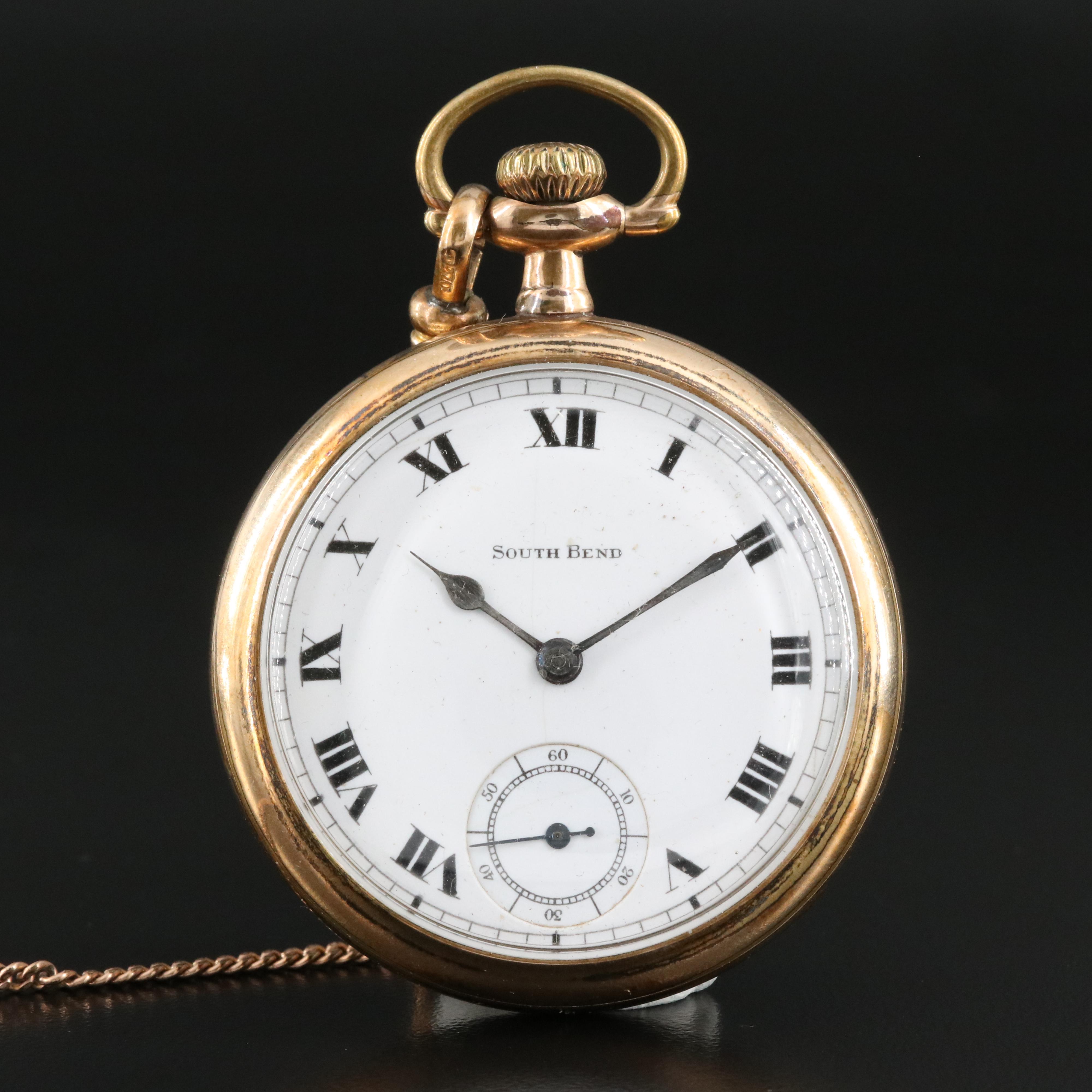 1914 South Bend Open Face GoldFilled Pocket Watch with Fob Chain EBTH