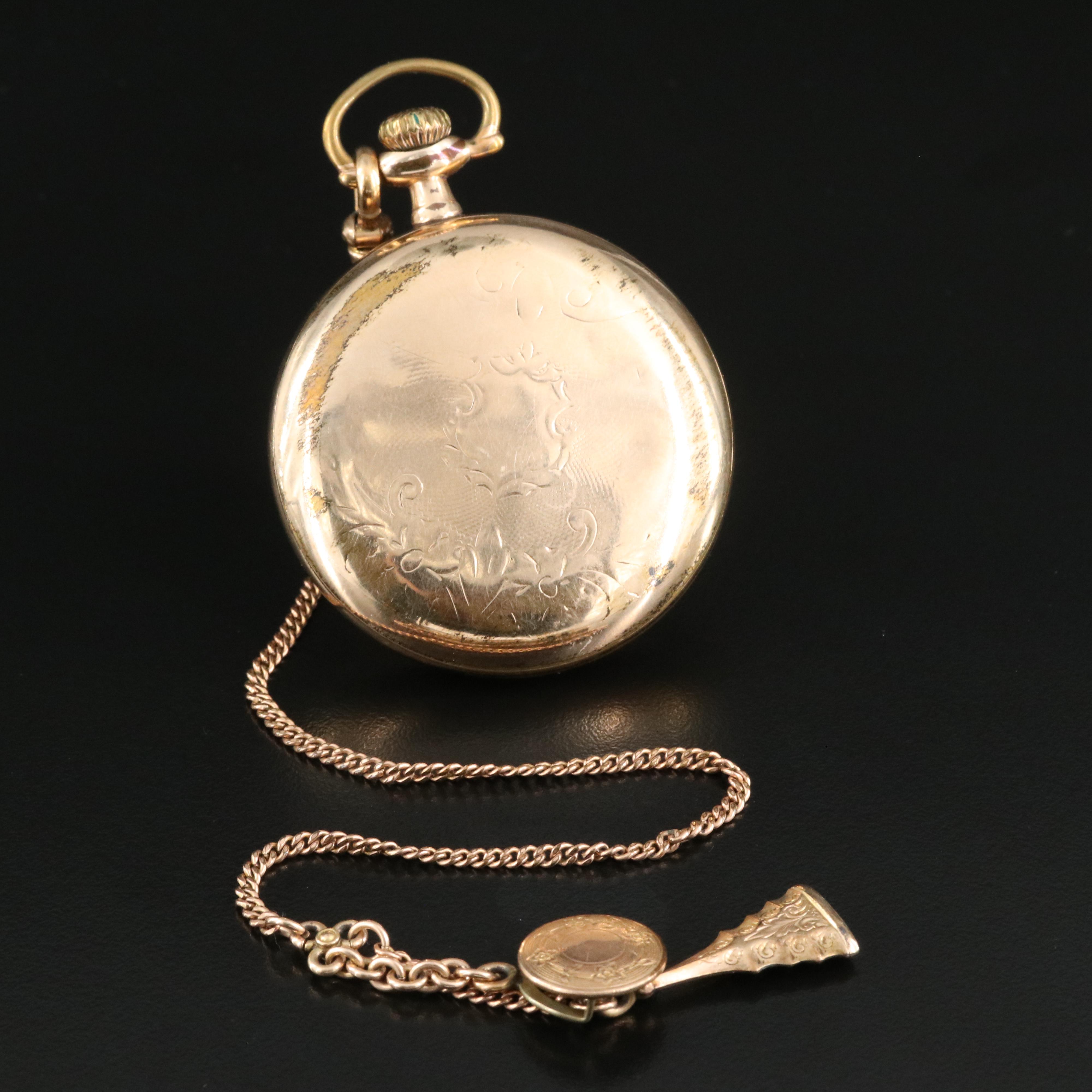 1914 South Bend Open Face GoldFilled Pocket Watch with Fob Chain EBTH