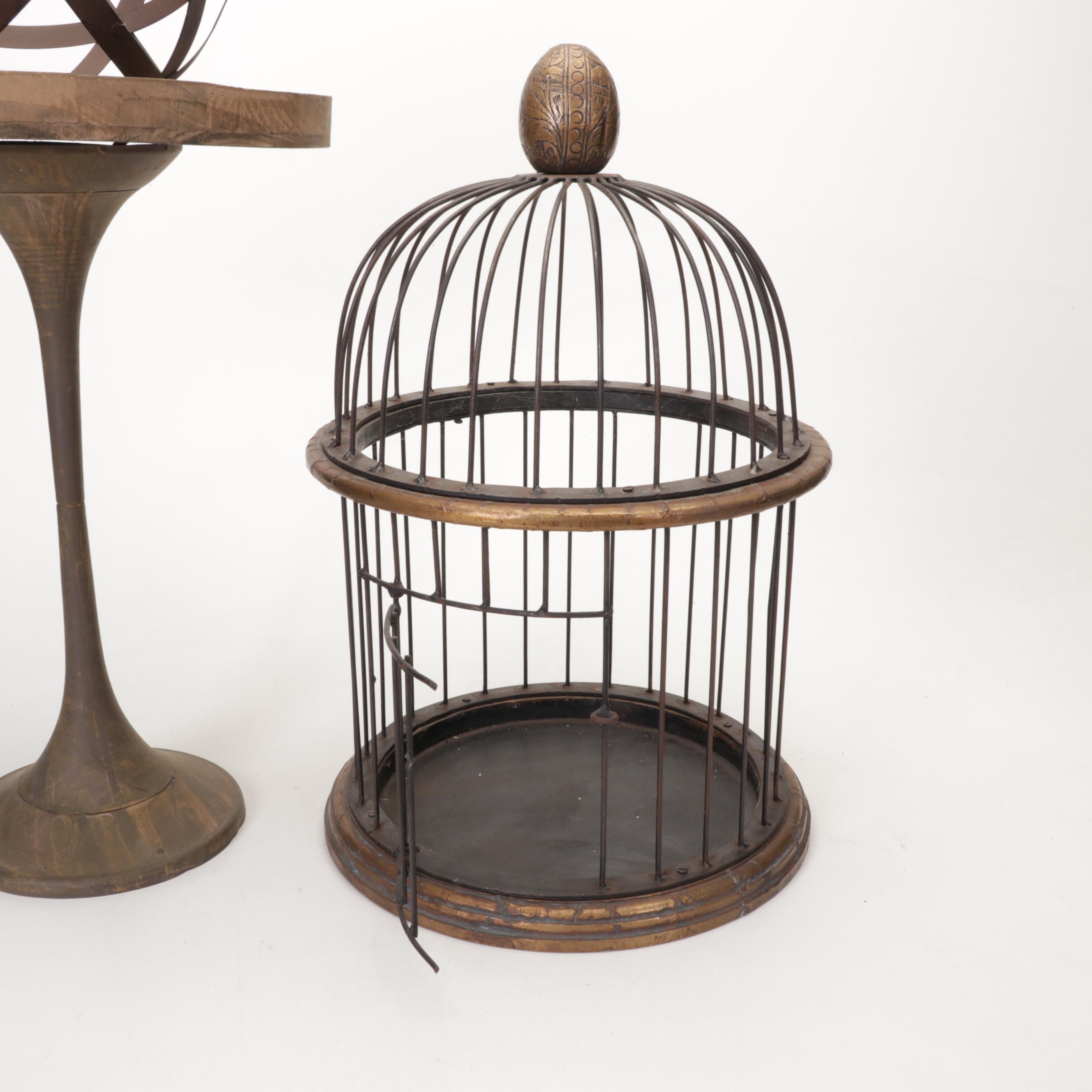 Distressed Pedestal Table With Decorative Bird Cage and More EBTH
