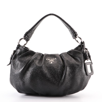 Prada Small Zip Shoulder Bag in Metallic-Tone Black Cervo Lux Deerskin Leather