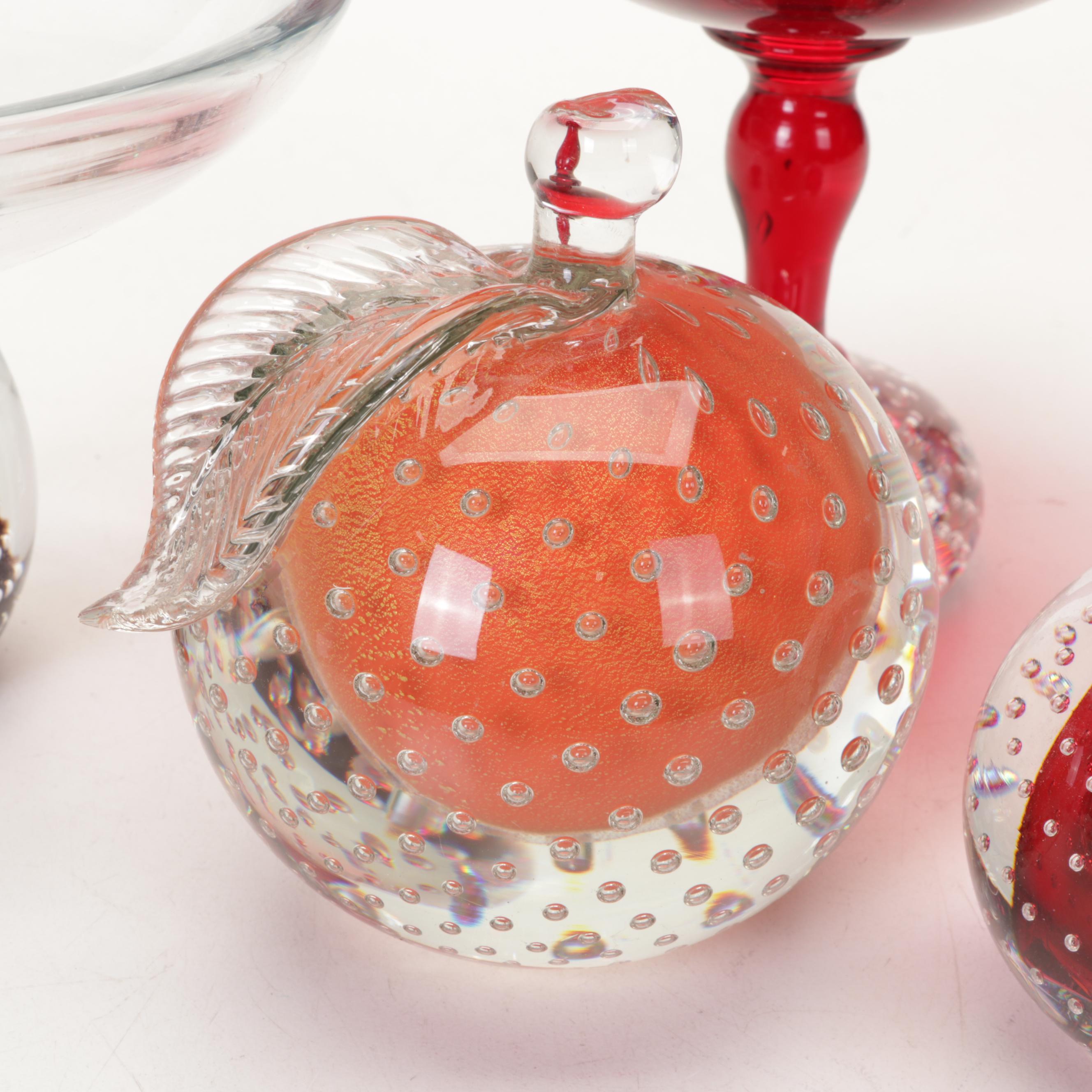 Blown Glass and Crystal Controlled Bubble Paperweights and Pedestal