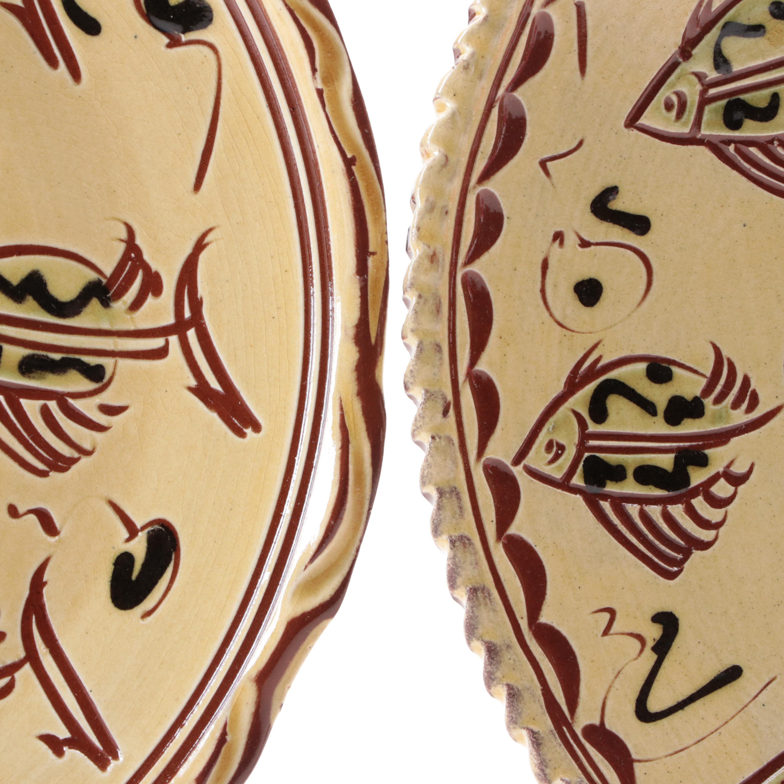 SJ Pottery Redware Plate and Bowl with Fish Motif EBTH