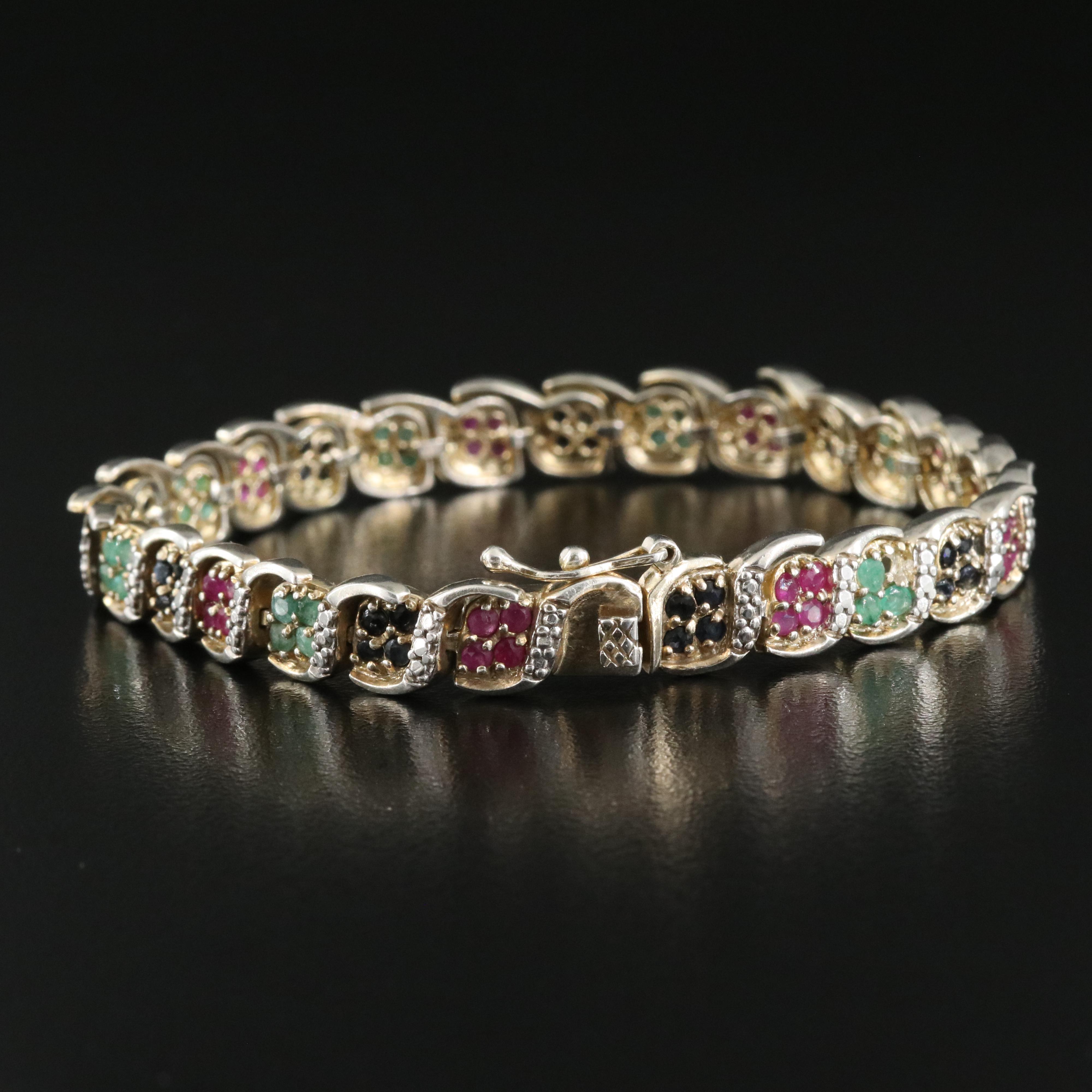 Sterling Sapphire, Emerald and Ruby Line Bracelet EBTH