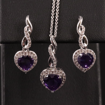 Sterling Silver Amethyst and Sapphire Earring and Necklace Set