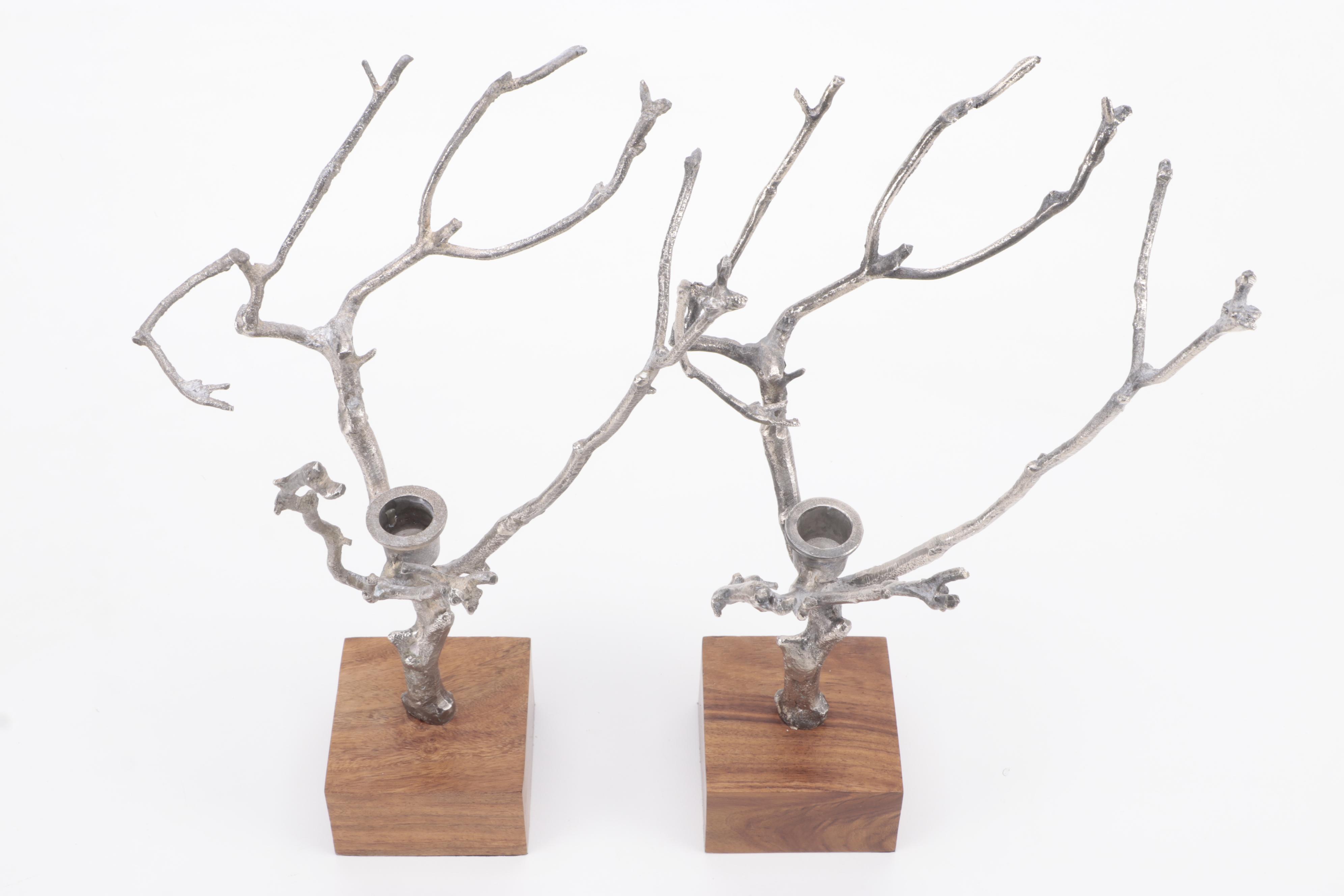 Pair of Roost Cast Aluminum Birch Tree Candlesticks with Wood Bases EBTH