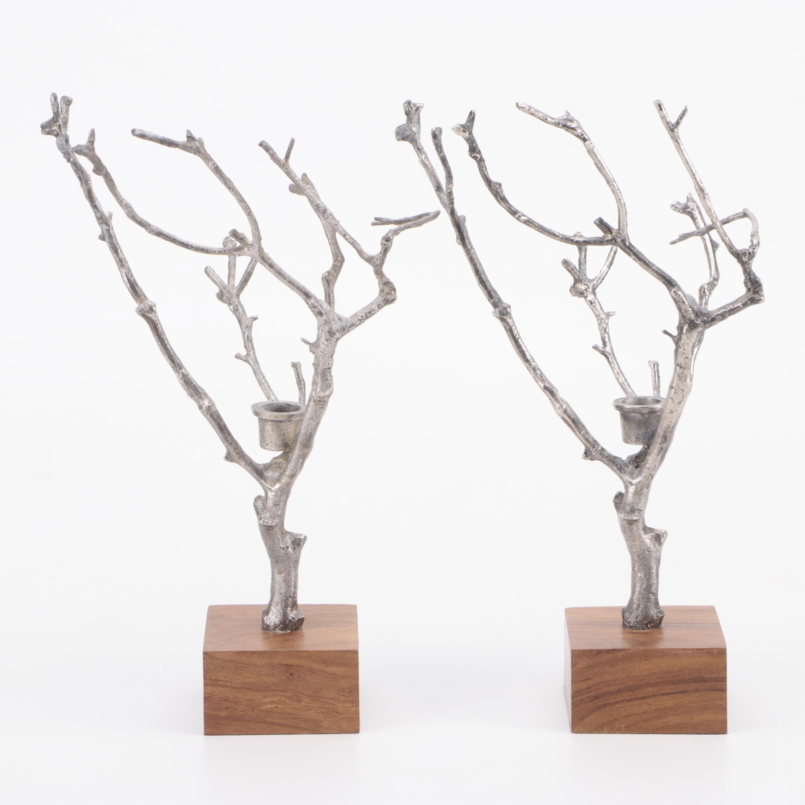 Pair of Roost Cast Aluminum Birch Tree Candlesticks with Wood Bases EBTH