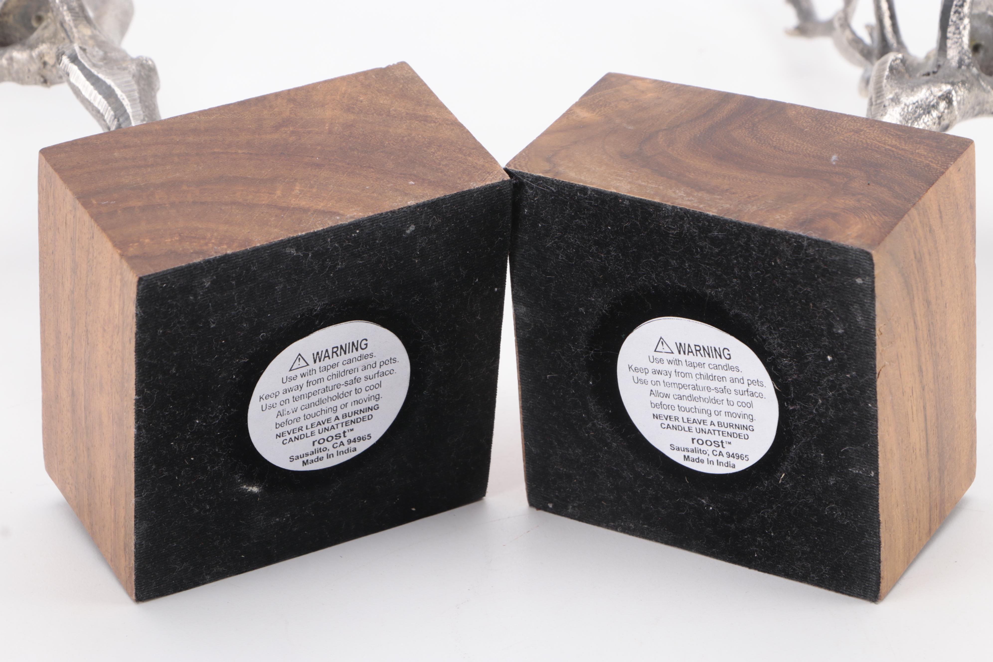 Pair of Roost Cast Aluminum Birch Tree Candlesticks with Wood Bases EBTH