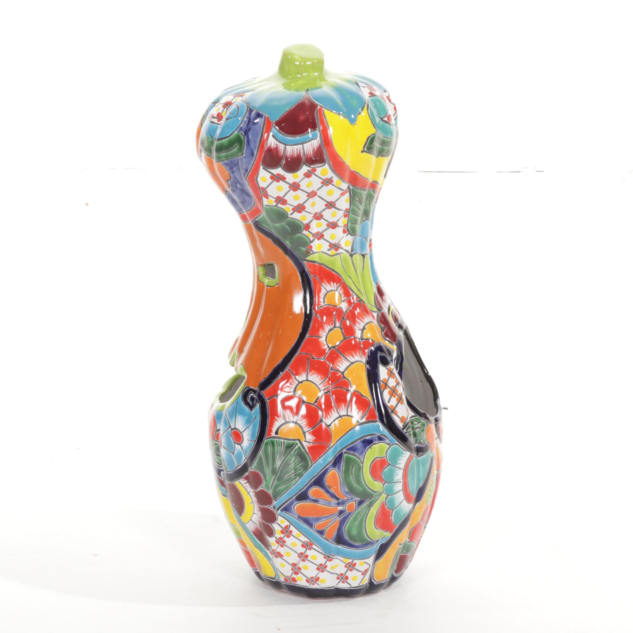 Blue Orange Pottery Mexican Talavera Terracotta Gourd Lantern | EBTH